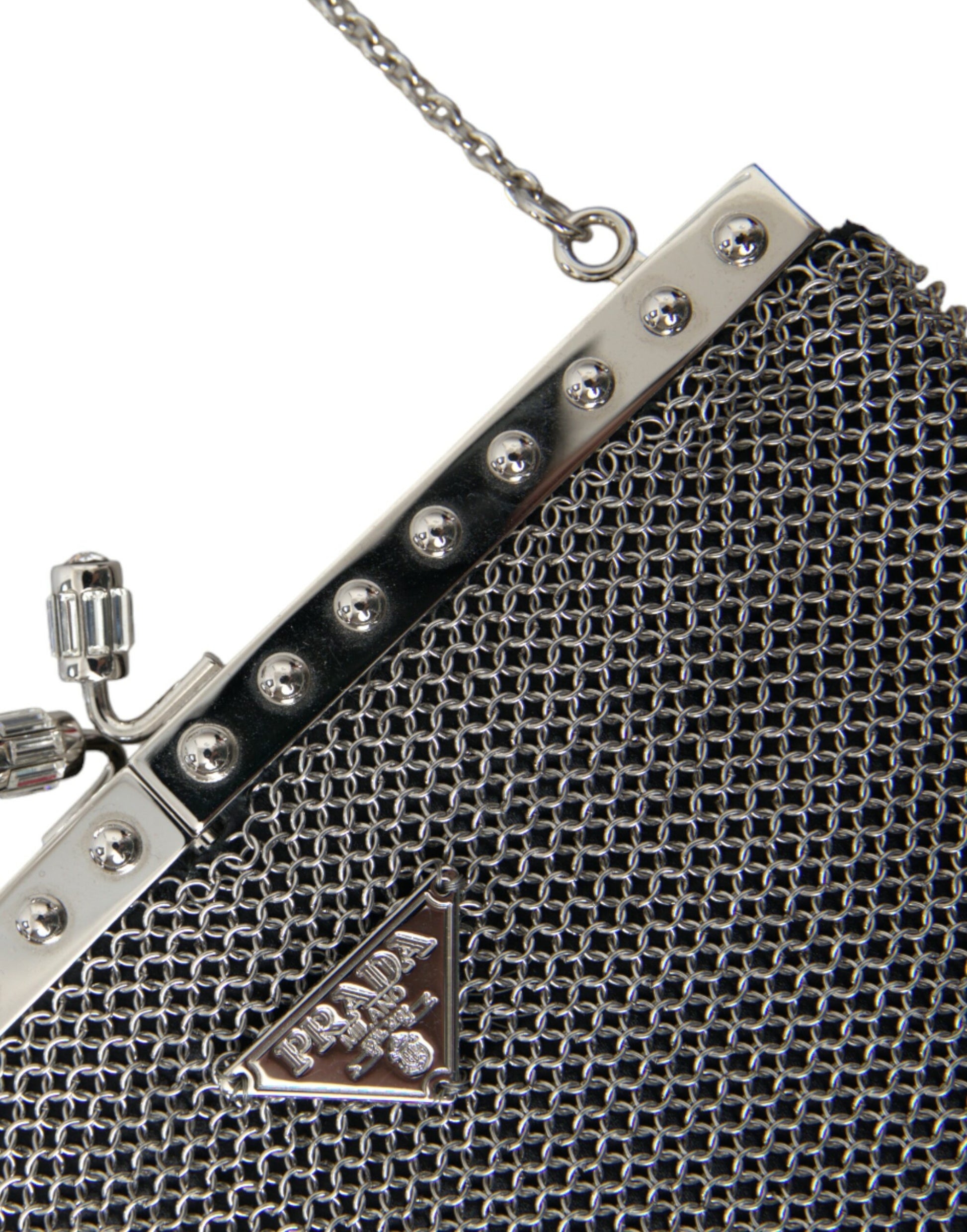Gray Chain Metal Mesh Logo Plaque Bandoliera Shoulder Bag