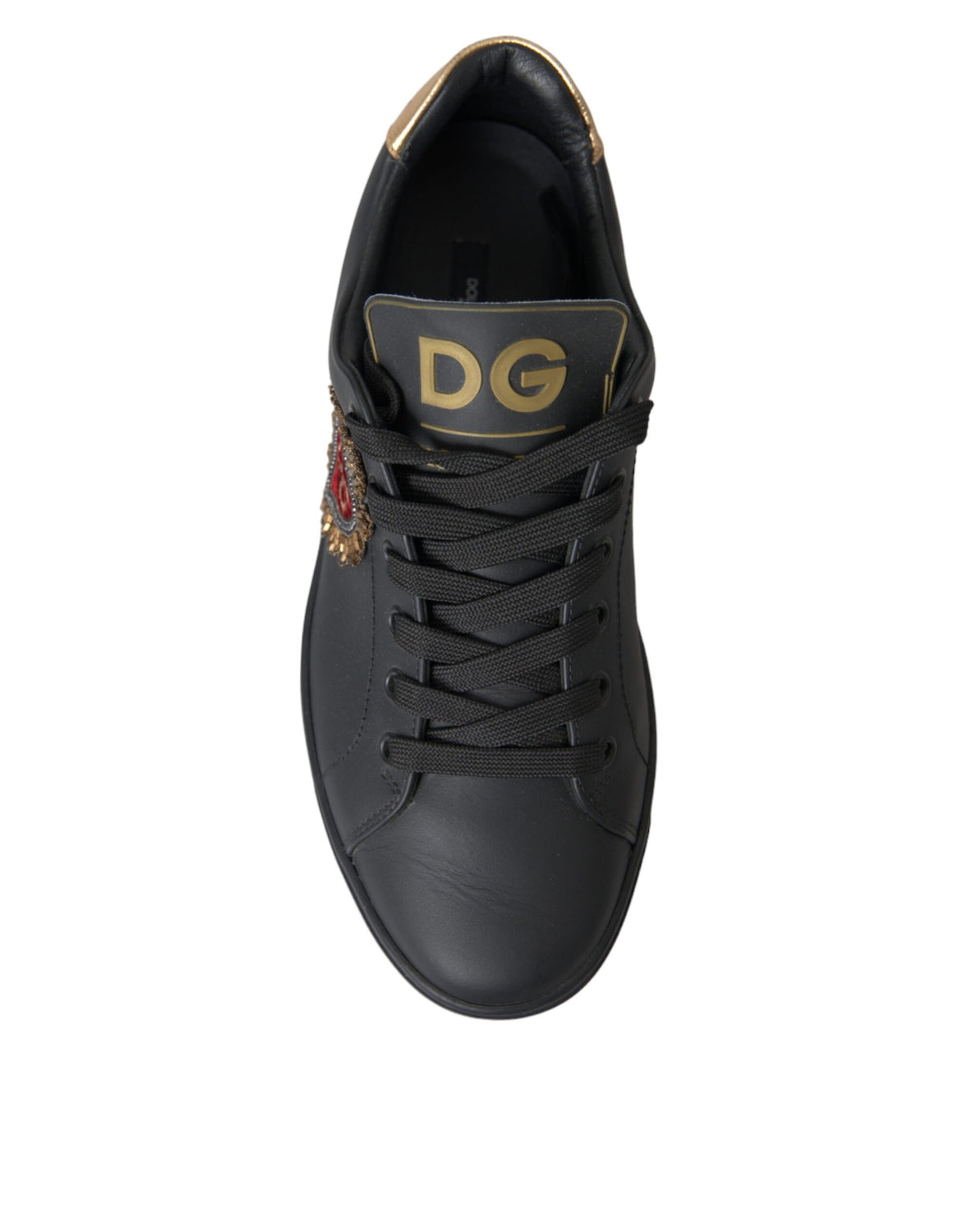 Black Leather Heart Embellished Sneakers Shoes