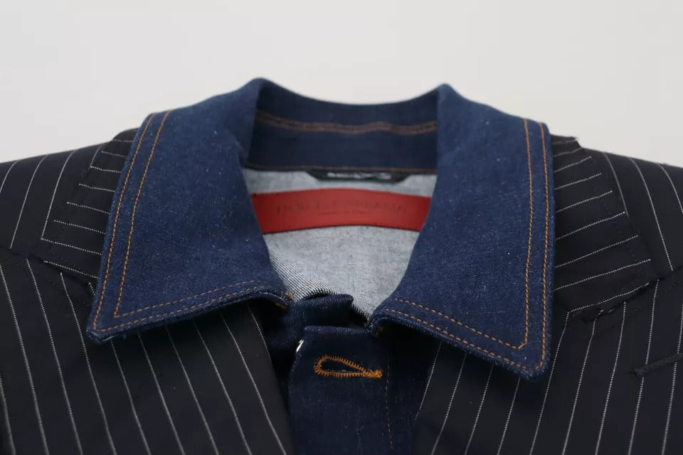 Blue Striped Double Breasted Denim Blazer