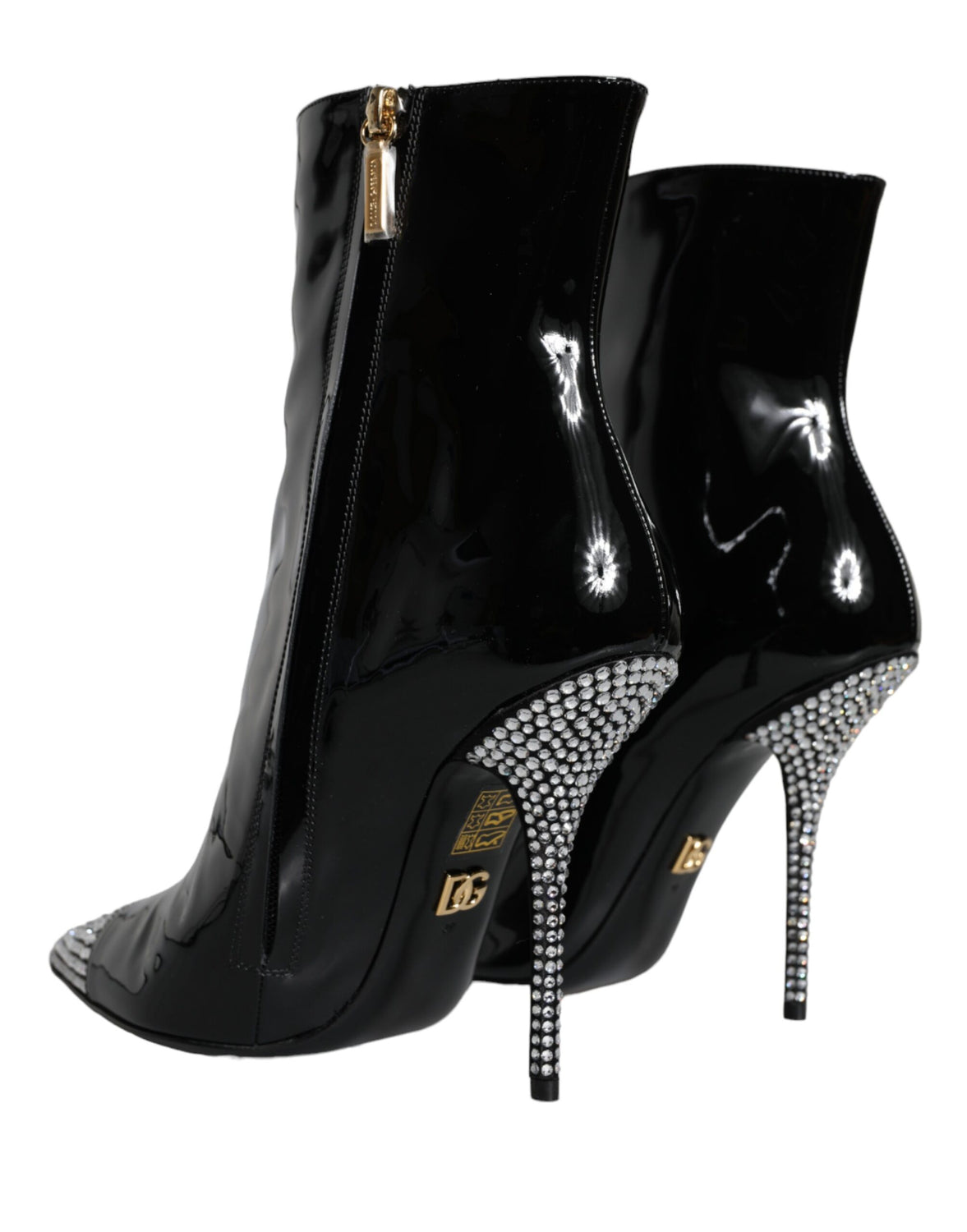 Black Patent Leather Crystal Heel Boots Shoes