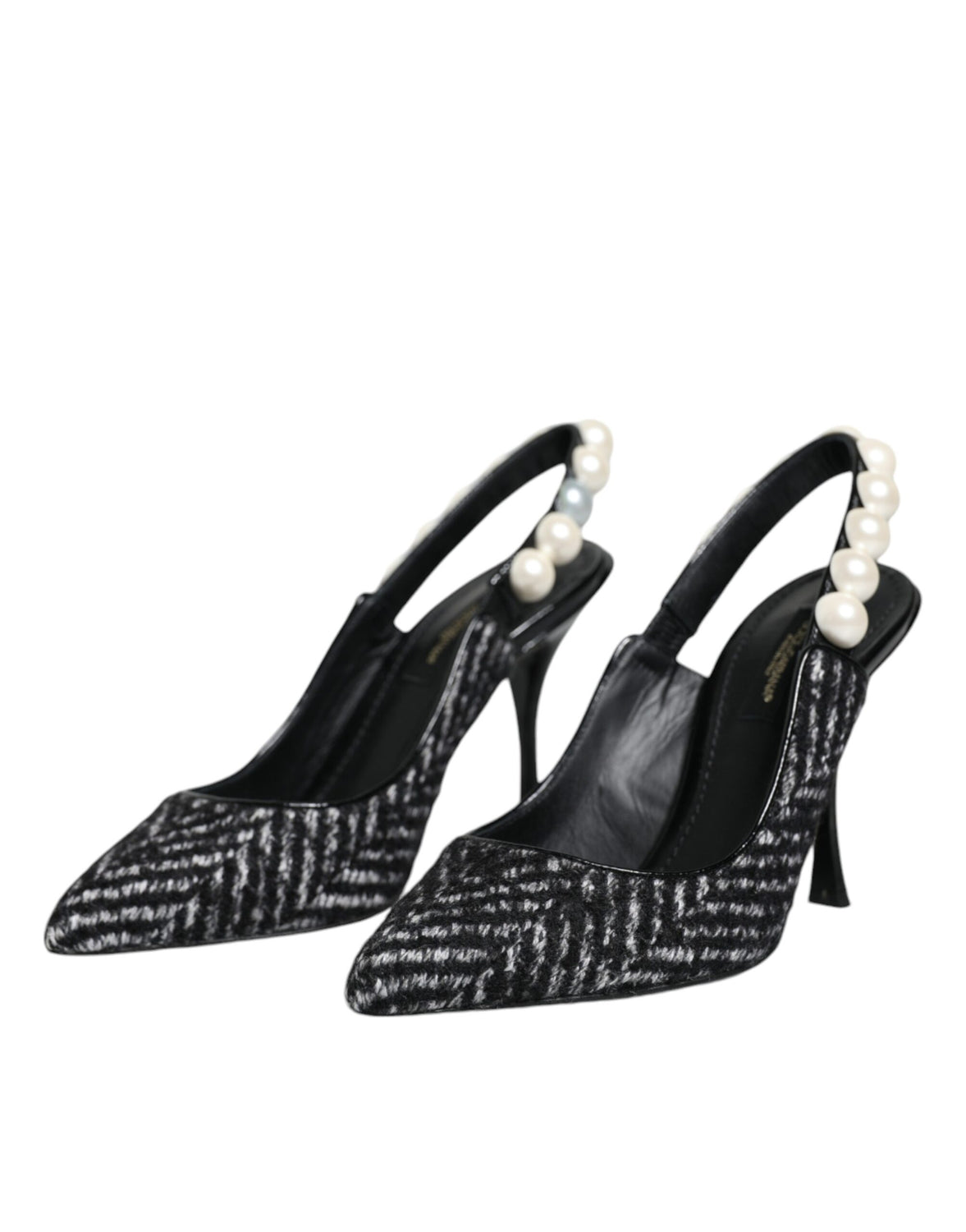 White Black Chevron Faux Pearl Slingback Shoes