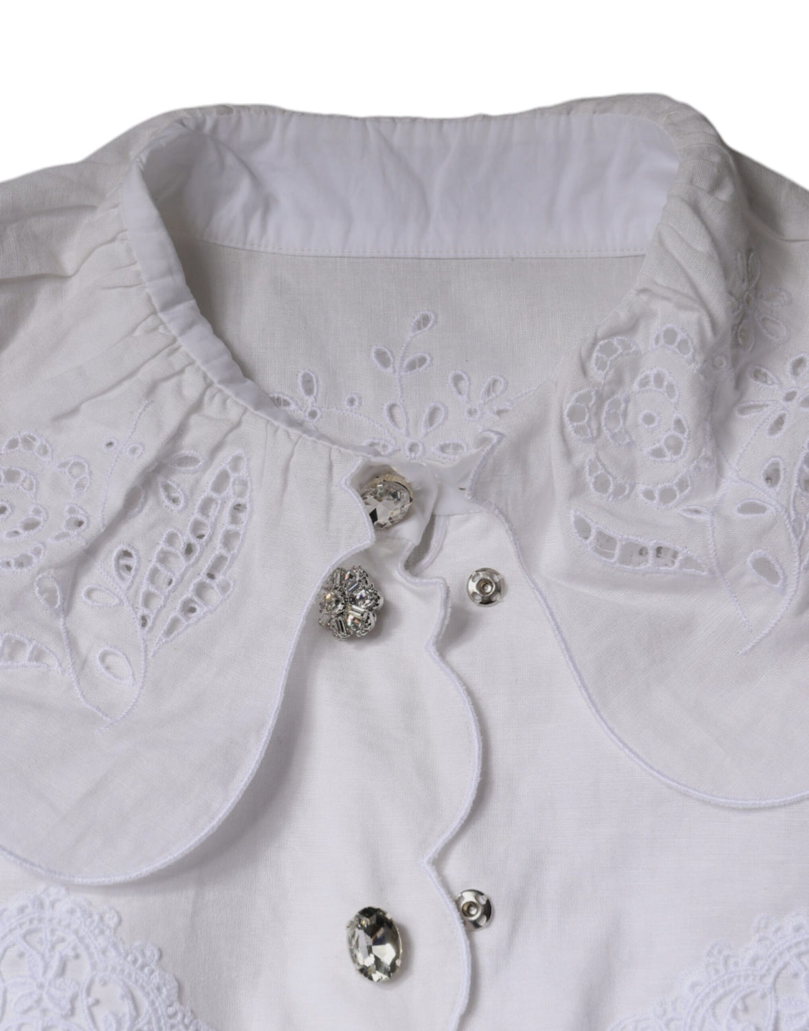 White Cotton Lace Trim Collared Blouse Top