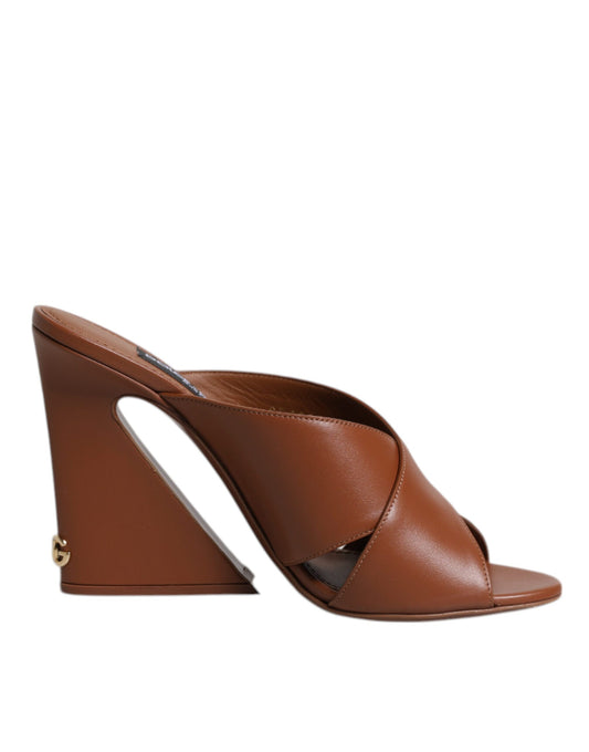 Brown Logo KEIRA Leather Slides Sandals Shoes