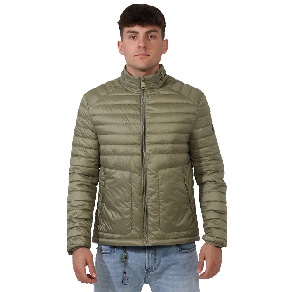 Green Nylon Men Jacket with Concealable Hood