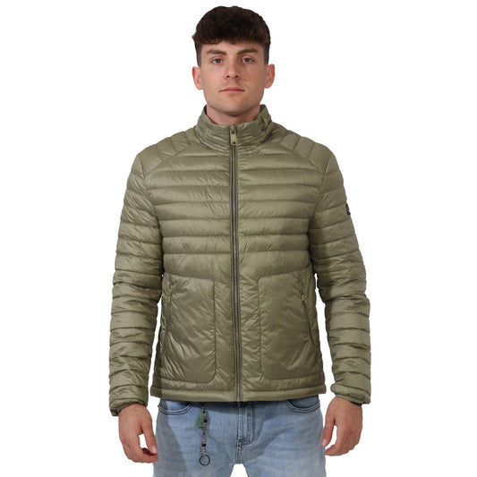 Green Nylon Men Jacket with Concealable Hood