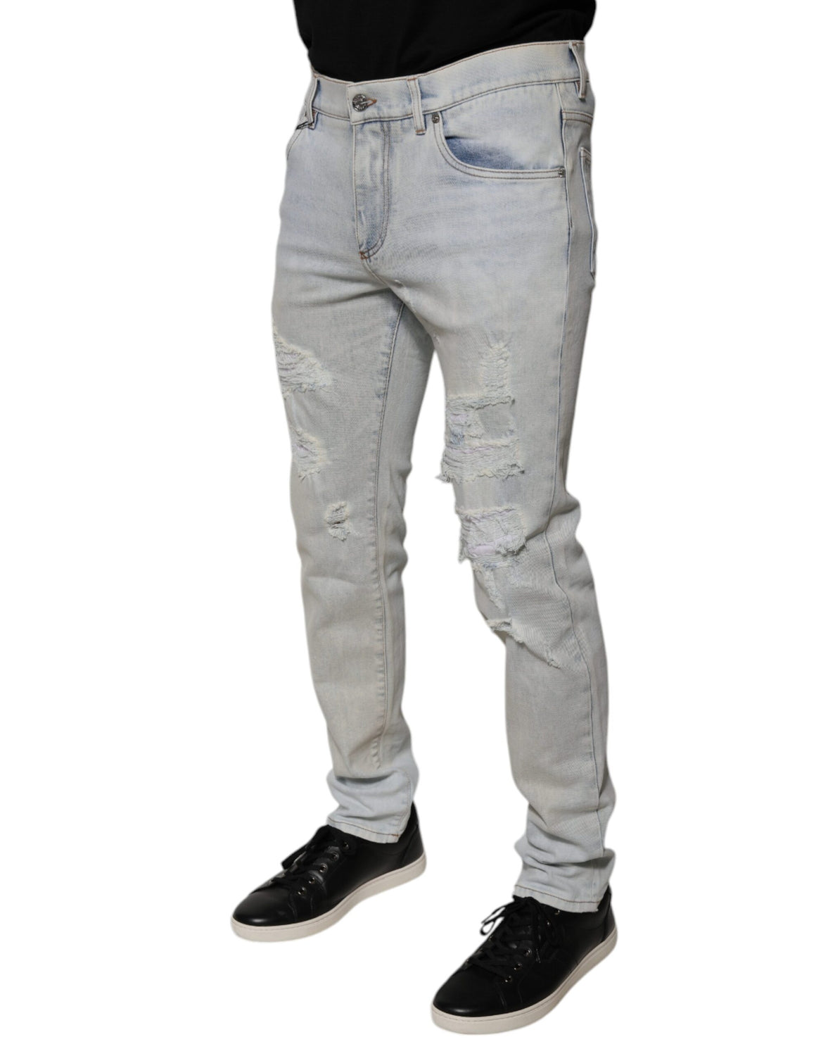 Light Blue Cotton Blend Tattered Skinny Denim Jeans