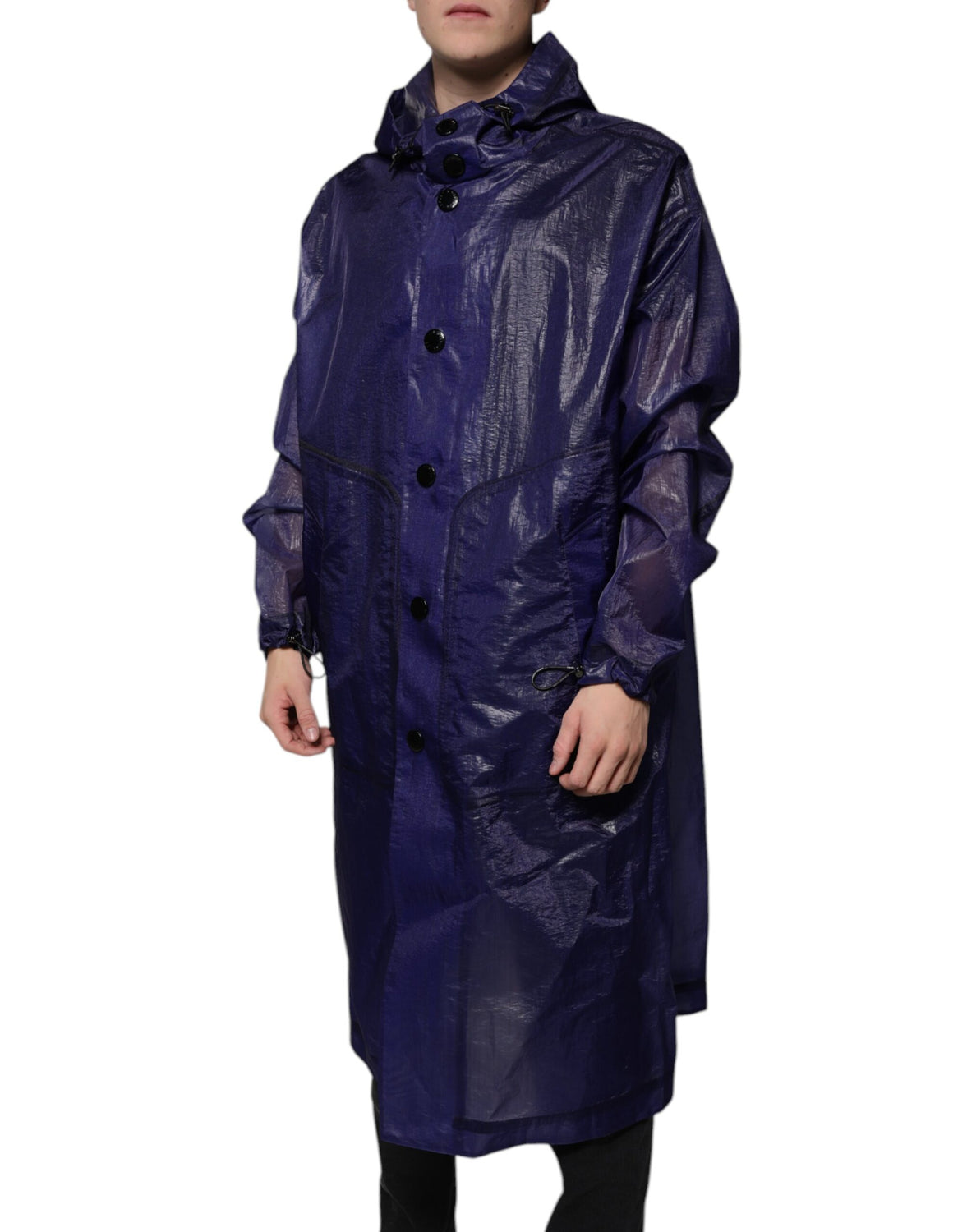 Dark Blue Cotton Hooded Men Raincoat Jacket
