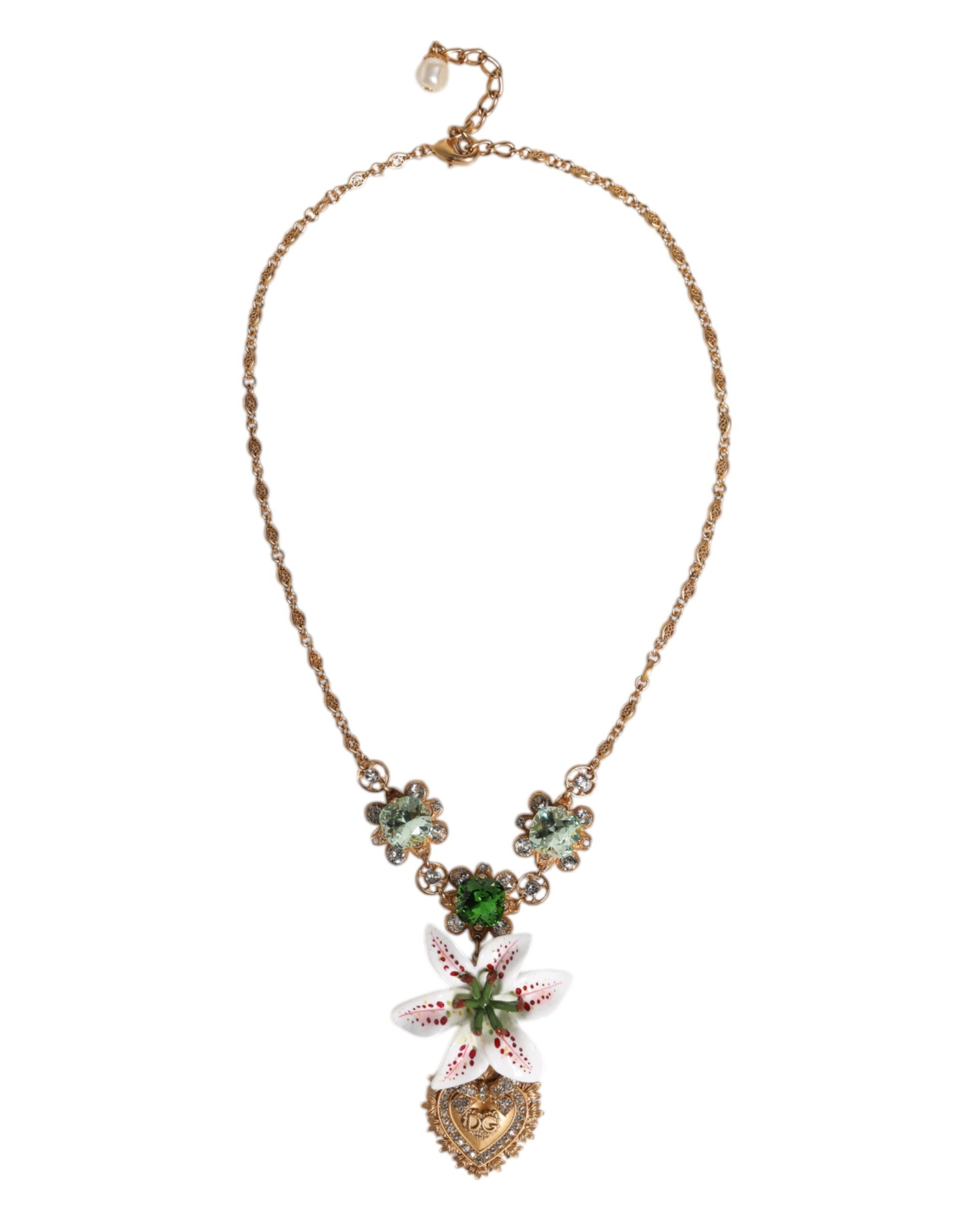 Gold Brass Lily Crystal Sacred Heart Pendant Necklace
