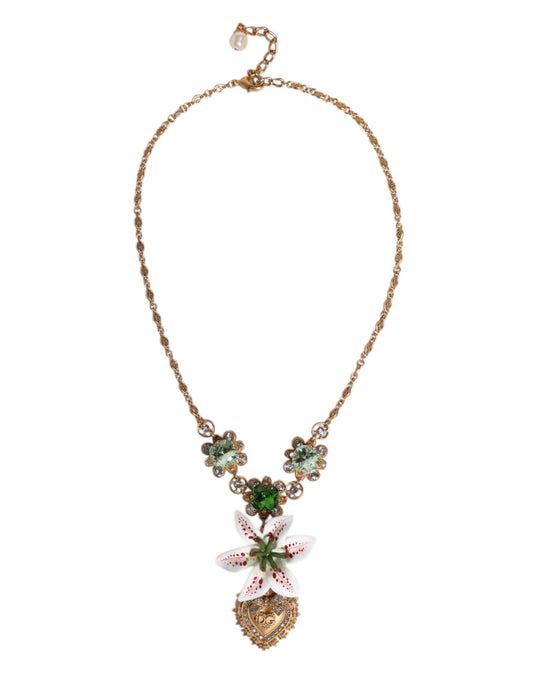 Gold Brass Lily Crystal Sacred Heart Pendant Necklace