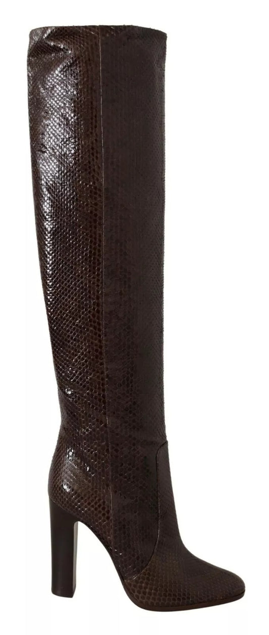 Brown Exotic Leather Heels High Boots Shoes