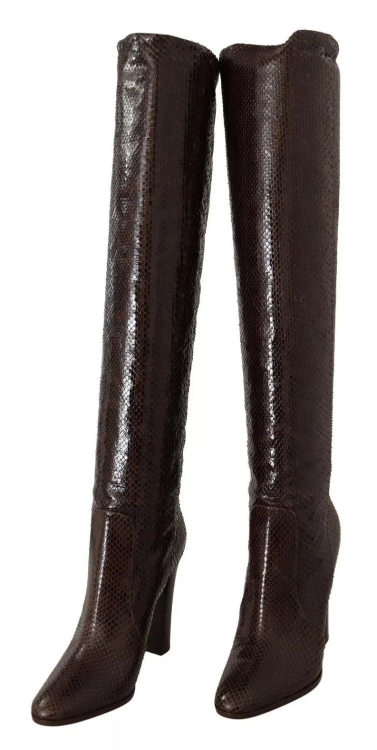 Brown Exotic Leather Heels High Boots Shoes