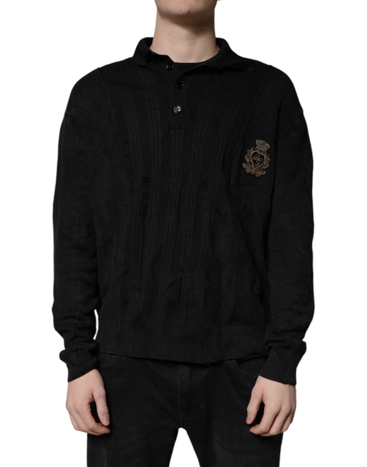 Black Heraldic Silk Buttoned Pullover Sweater