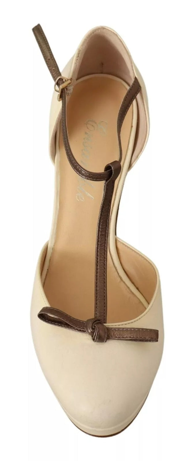 Beige T-Strap Block Heels Pumps Leather Shoes