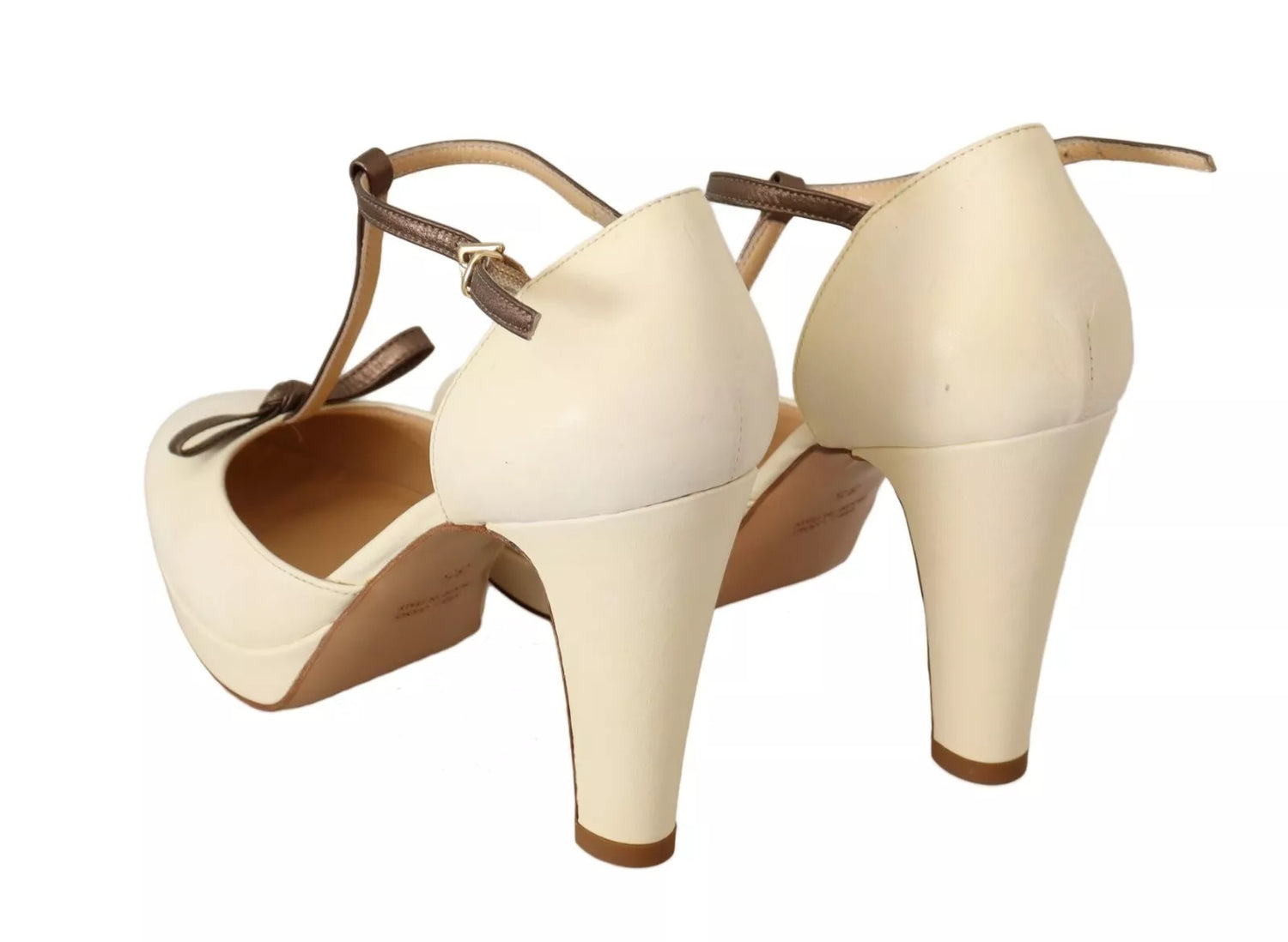 Off White Leather T-Strap Heels Sandals Shoes