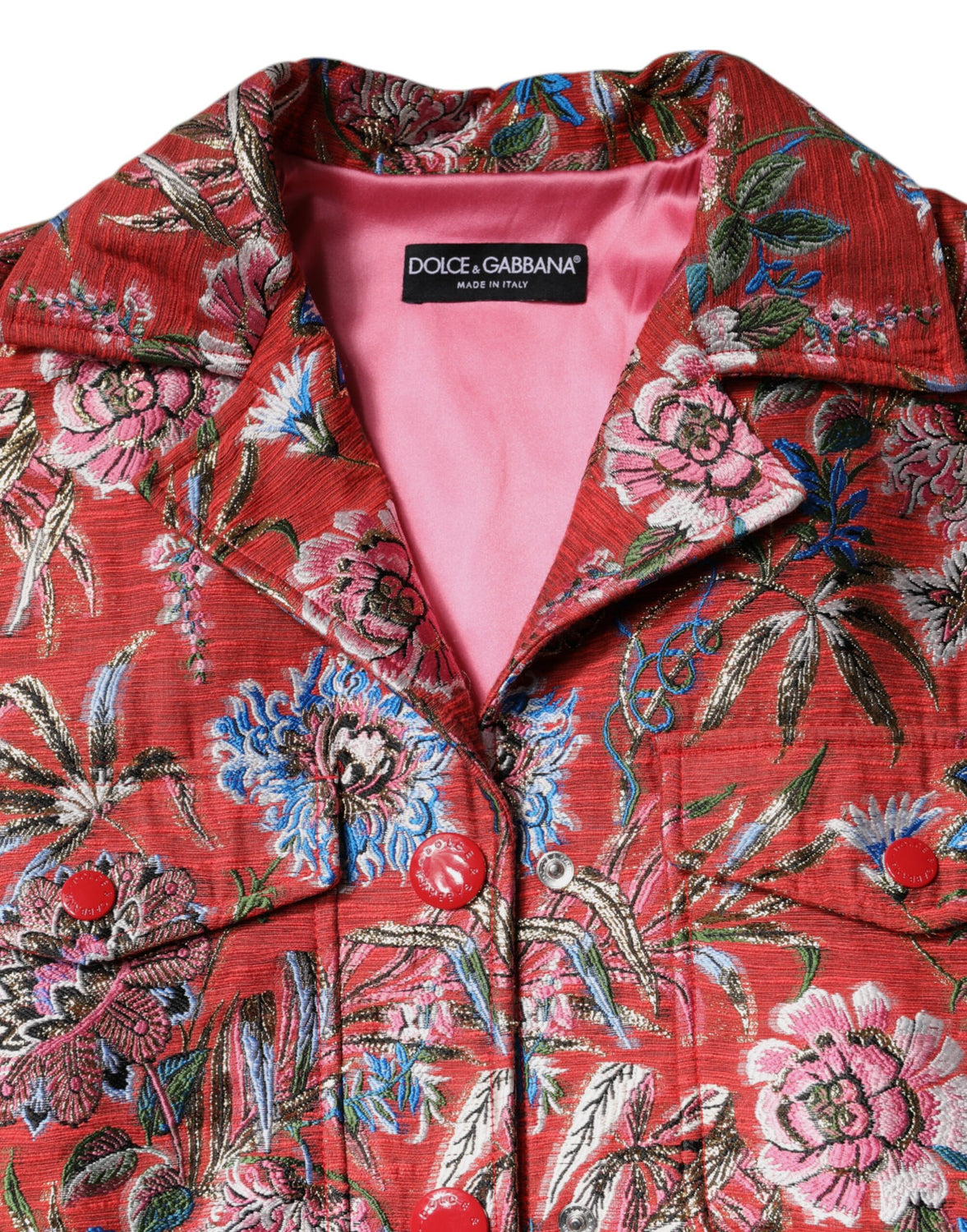 Red Floral Jacquard Button Down Coat Jacket