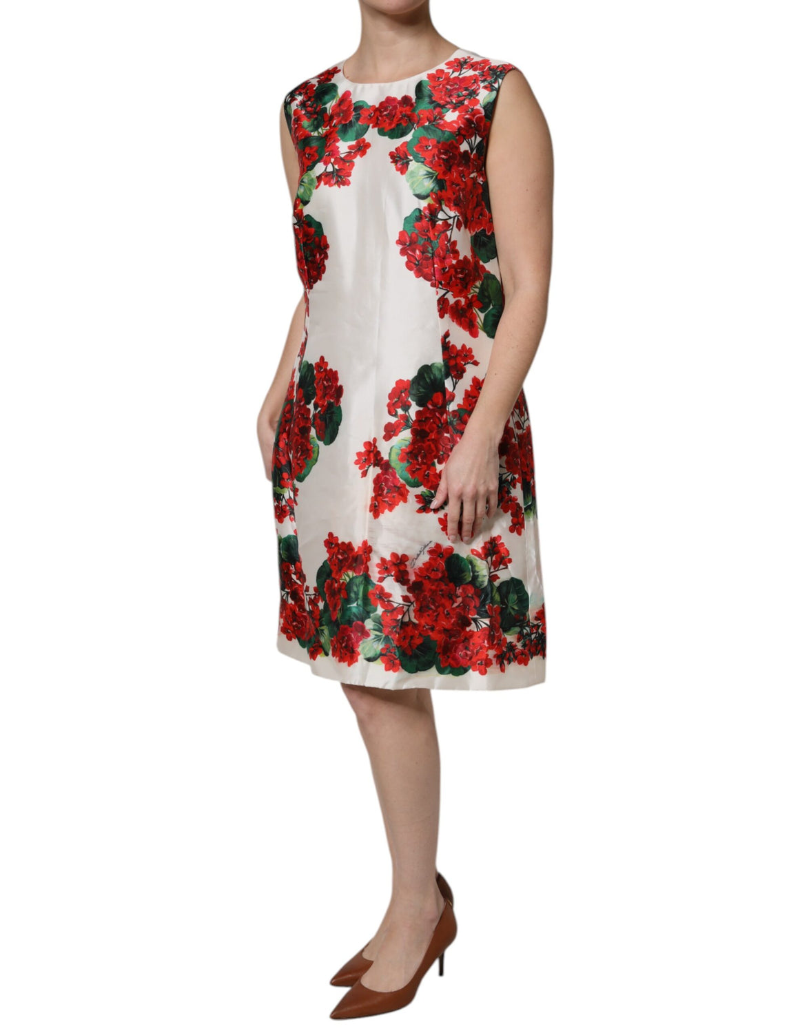 White Floral Printed Silk Knee Length Dress