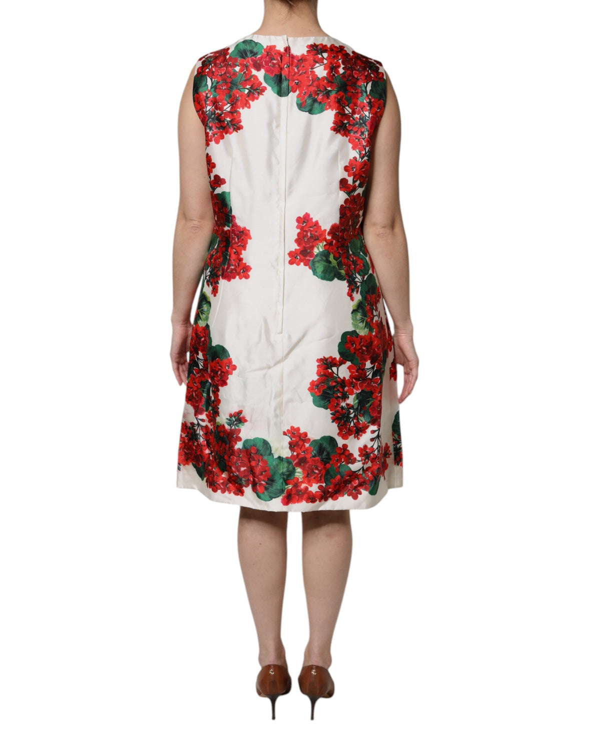 White Floral Printed Silk Knee Length Dress