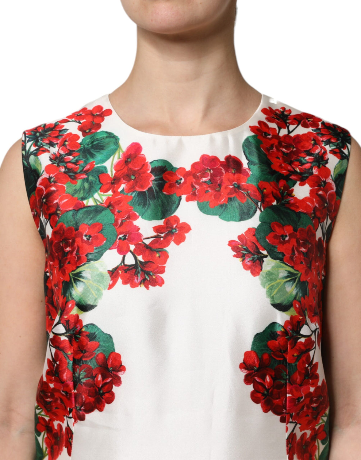 White Floral Printed Silk Knee Length Dress