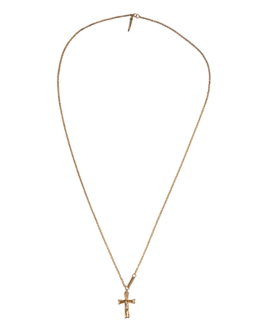 Gold Tone Brass Chain Religious Cross Pendant Necklace