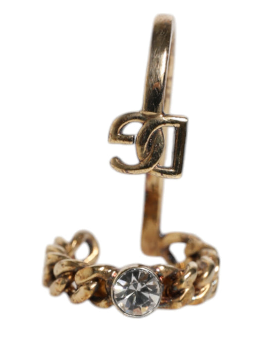 Gold Tone Engraved Logo Clear Crystals Adjustable Ring