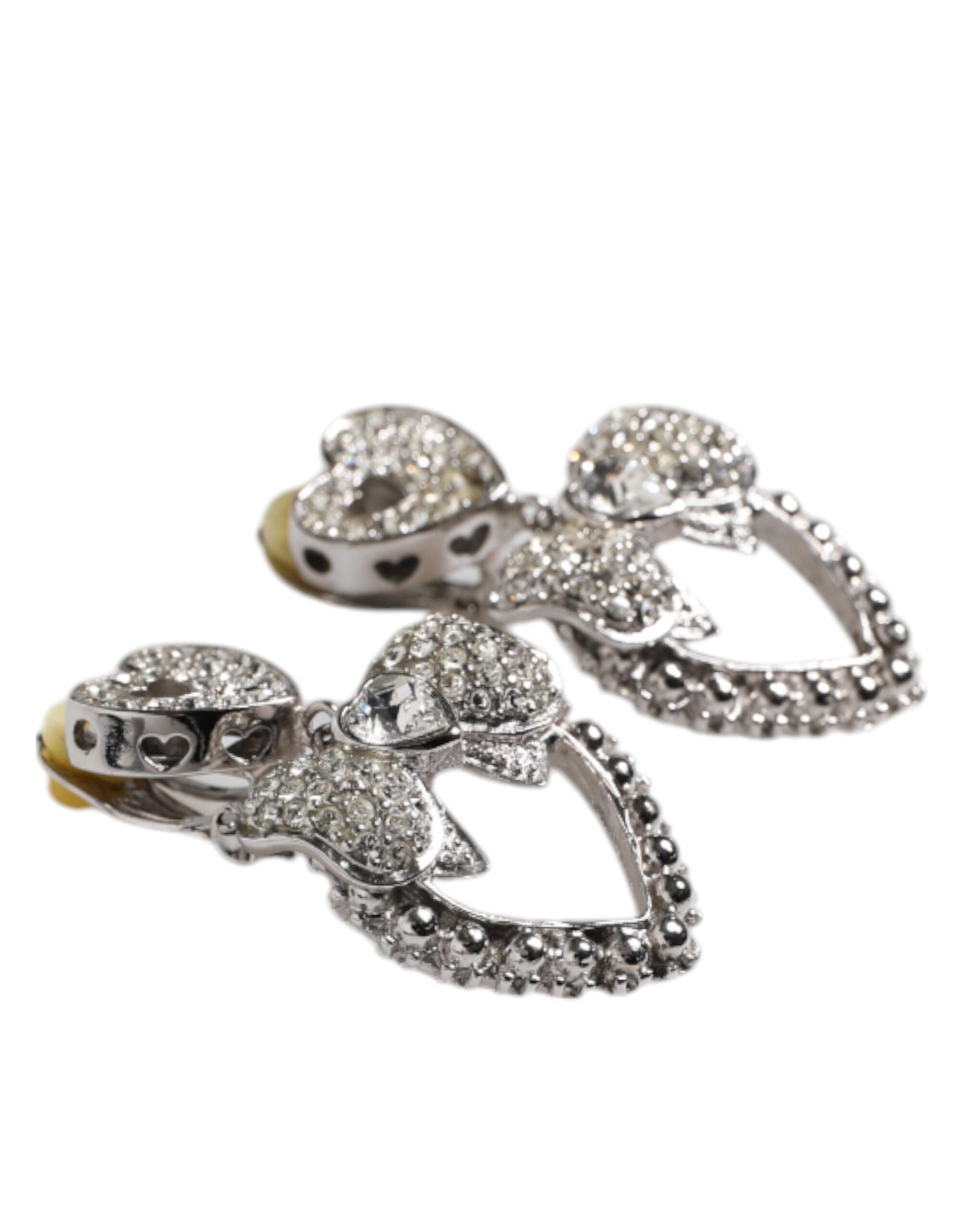 Silver Heart Bow Rhinestones Dangle Clip-On Earrings