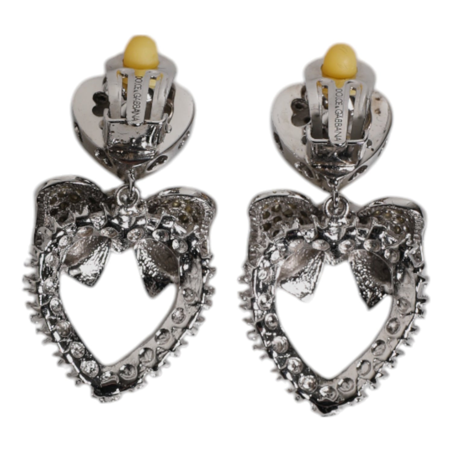 Silver Heart Bow Rhinestones Dangle Clip-On Earrings