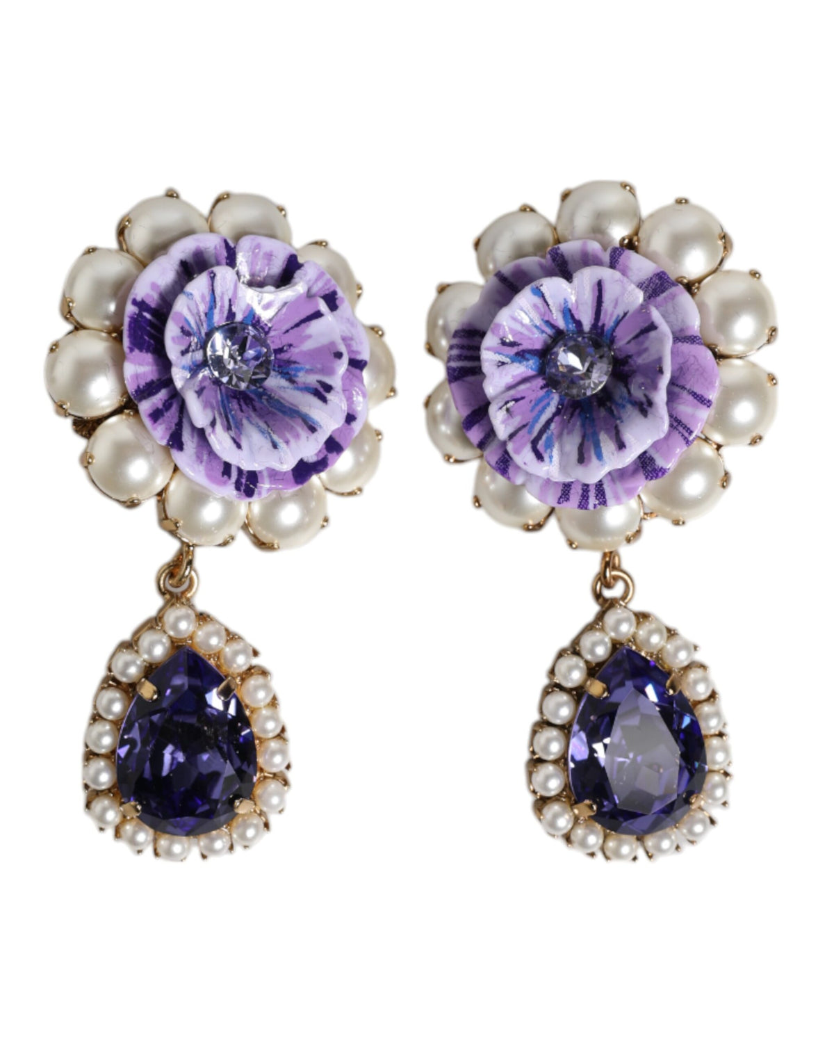 Purple Flower Pearl Teardrop Crystals Clip On Earrings