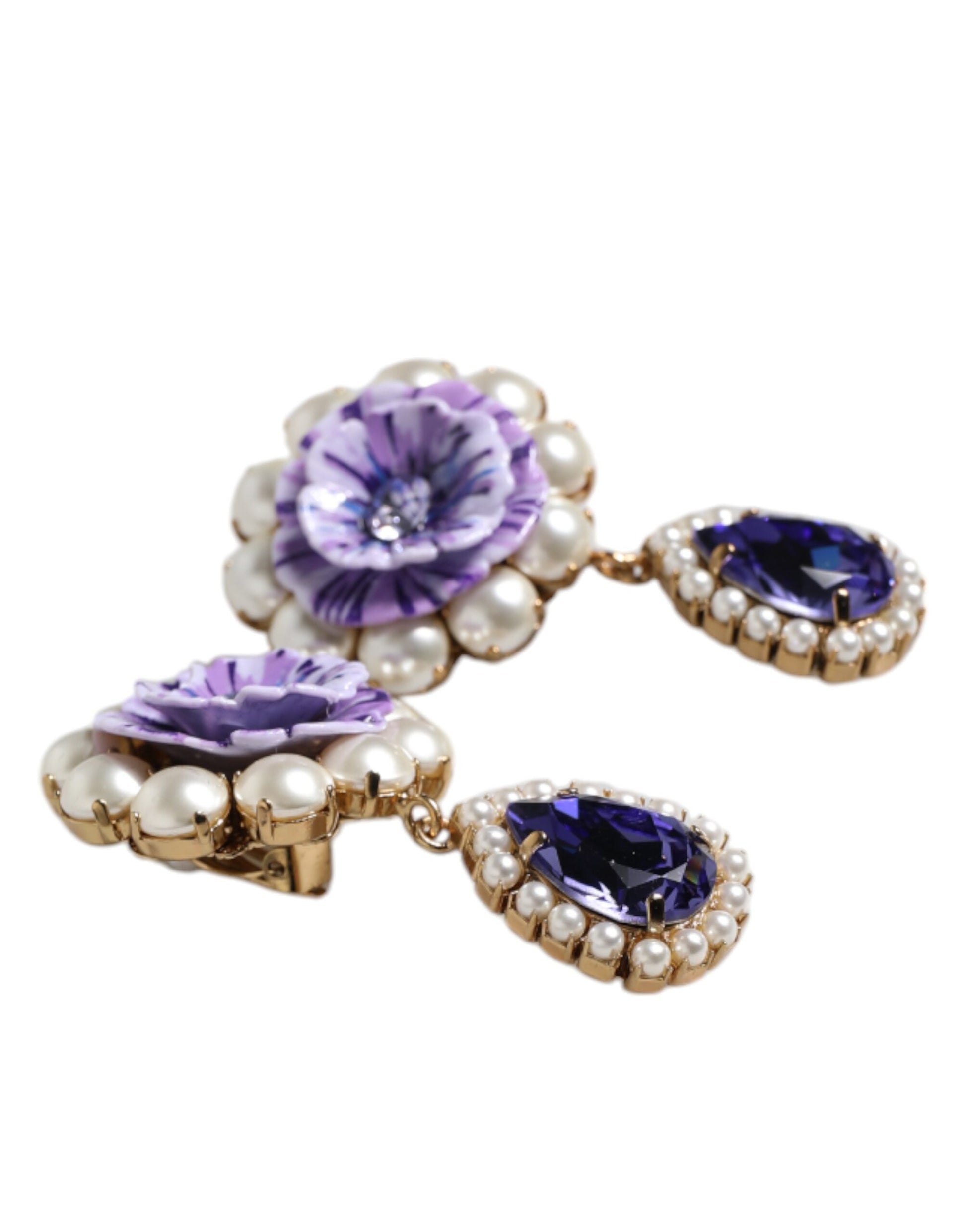 Purple Flower Pearl Teardrop Crystals Clip On Earrings