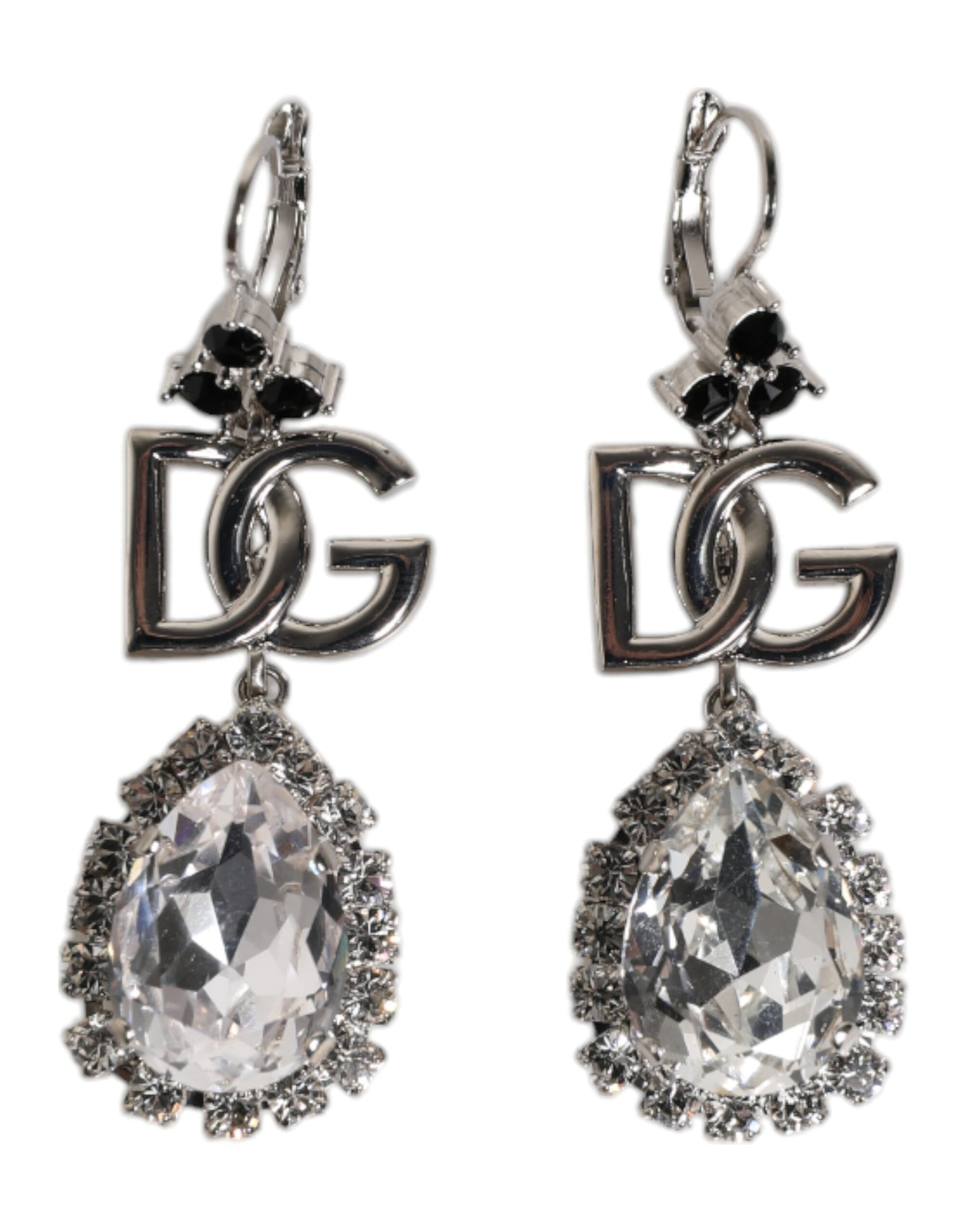Silver Brass Crystal Teardrop DG Logo Clip On Earrings