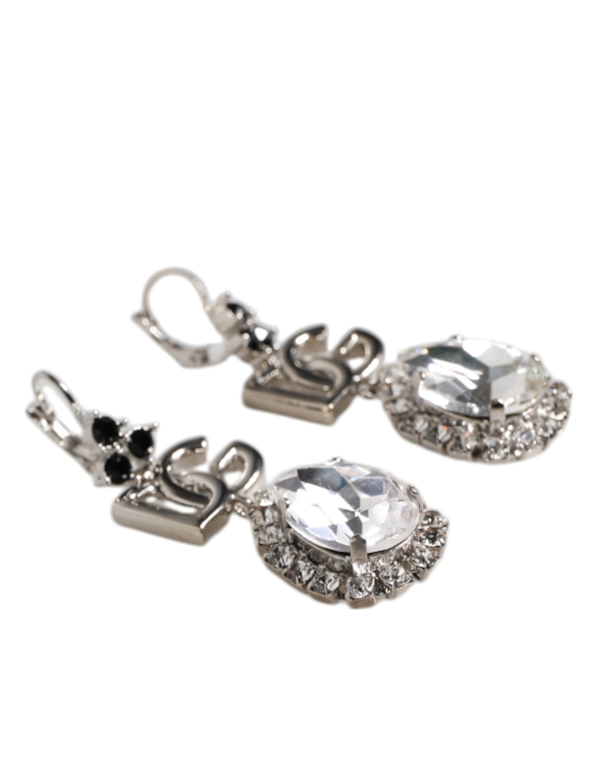 Silver Brass Crystal Teardrop DG Logo Clip On Earrings