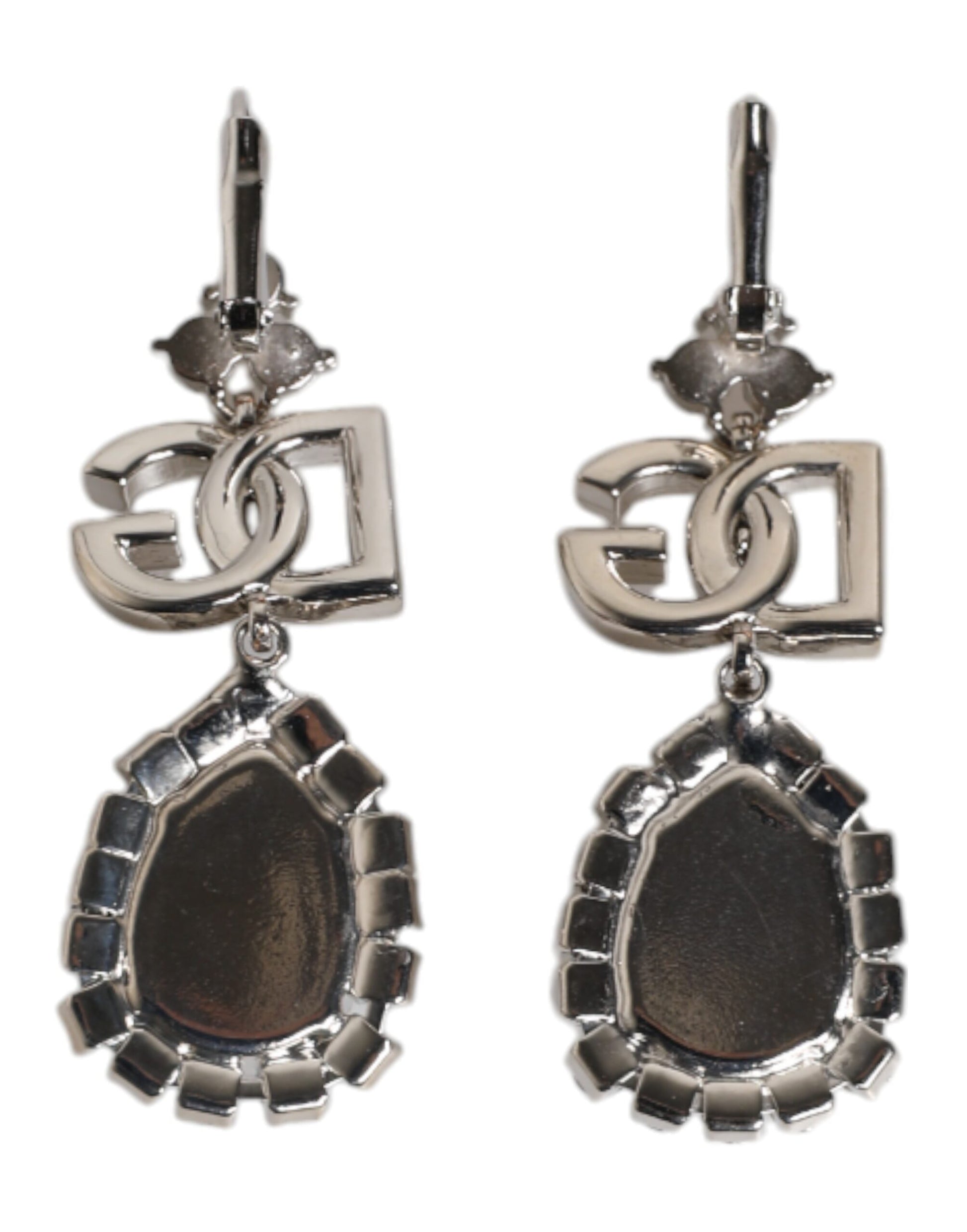 Silver Brass Crystal Teardrop DG Logo Clip On Earrings