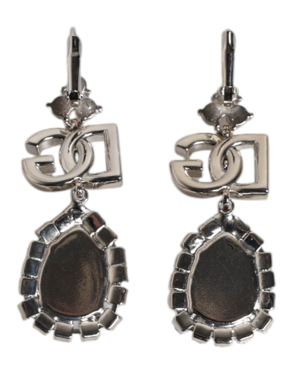 Silver Brass Crystal Teardrop DG Logo Clip On Earrings