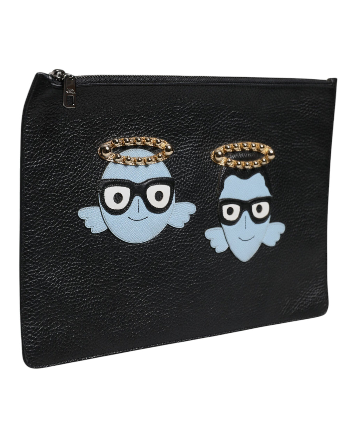 Black Leather #DGFAMILY Embellished Men Zip Pouch Bag