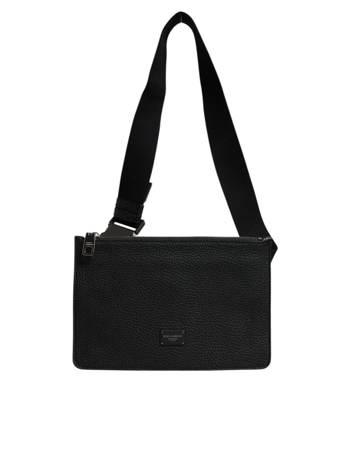 Black Leather Logo Plaque Purse Fanny Pack Bag