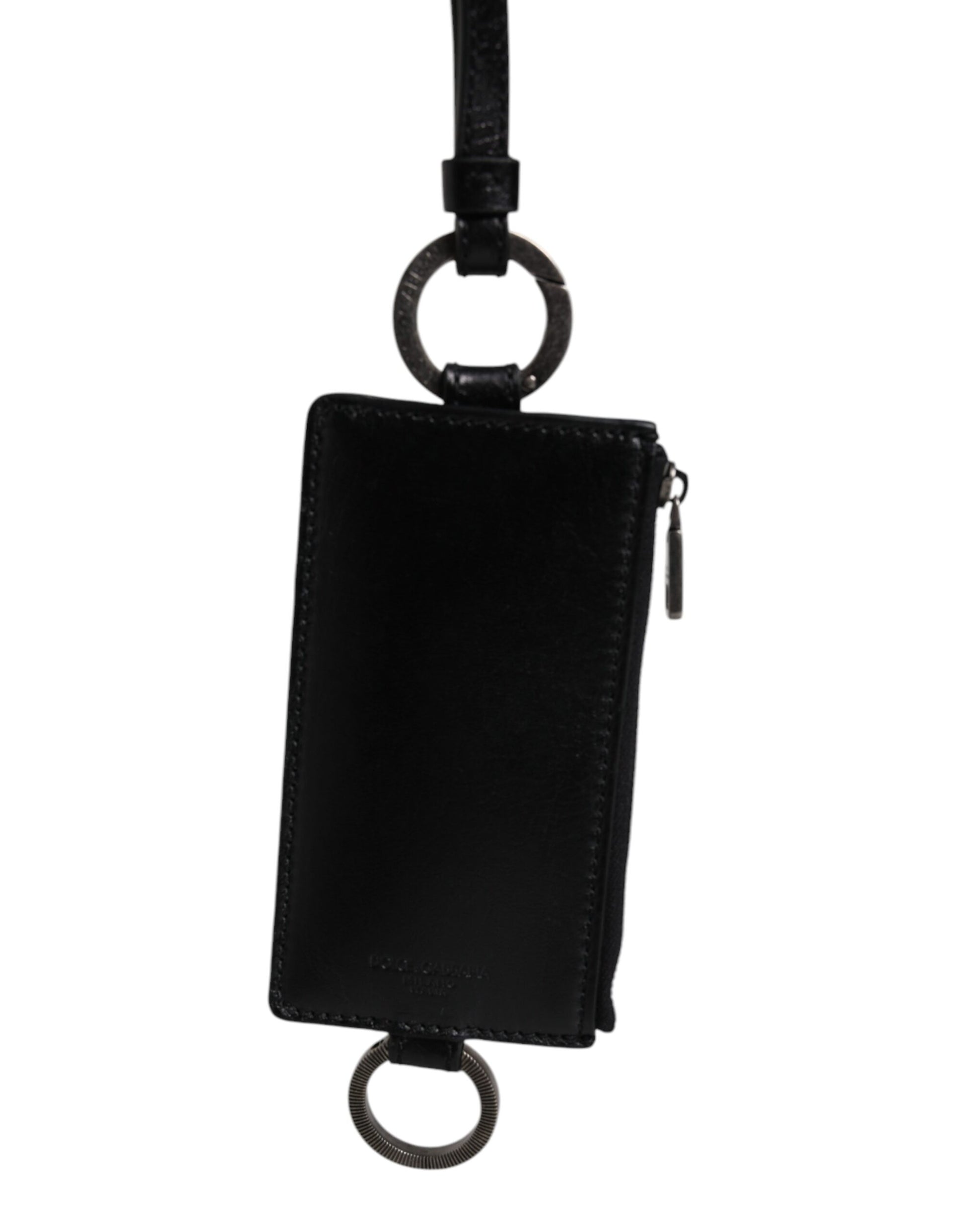 Black Calf Leather Lanyard Logo Card Holder Wallet