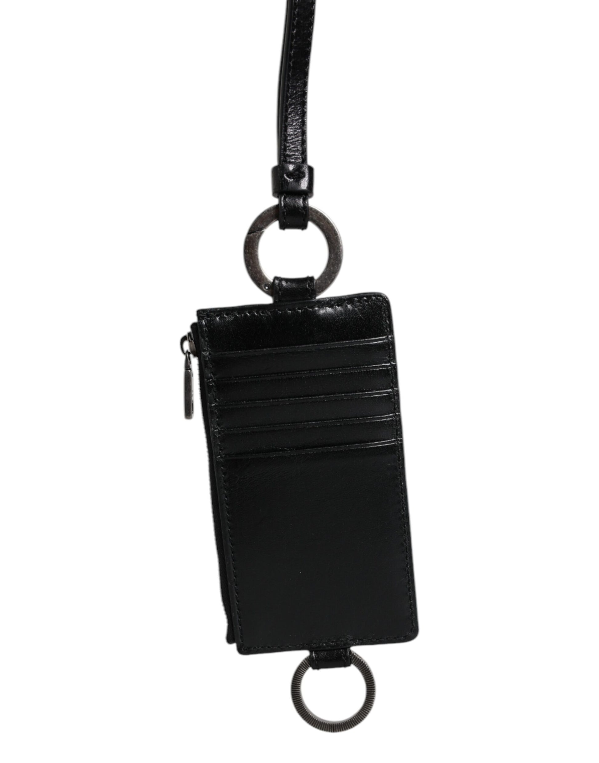 Black Calf Leather Lanyard Logo Card Holder Wallet