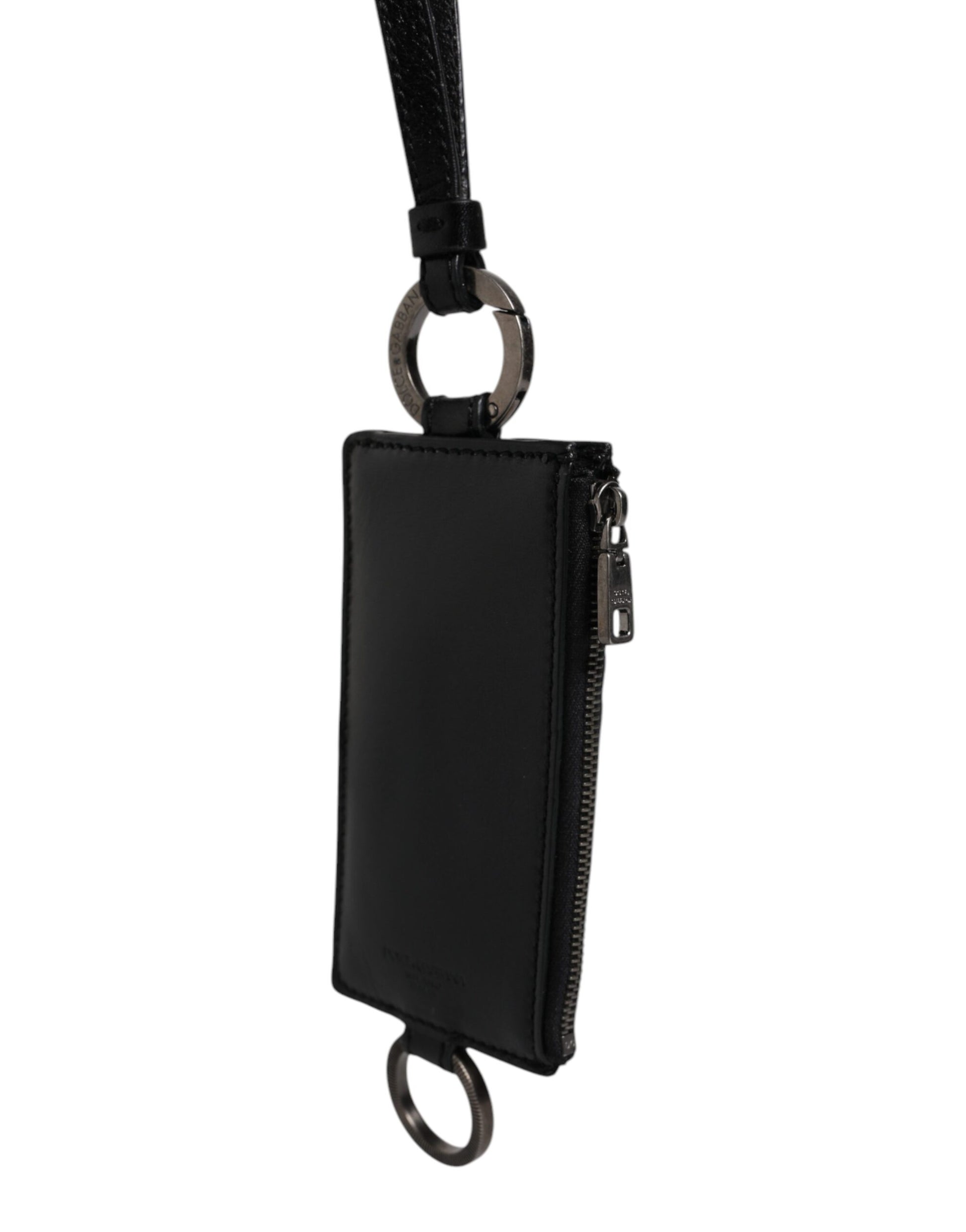 Black Calf Leather Lanyard Logo Card Holder Wallet