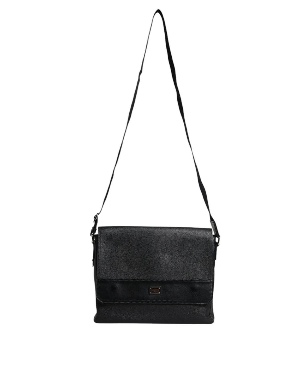 Black Logo Plaque Leather Messenger Shoulder Strap Bag