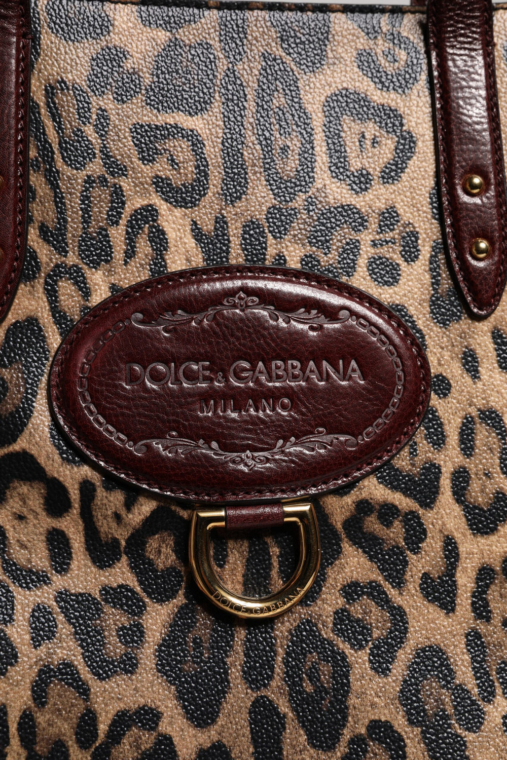 Brown Leopard Leather Shoulder Strap Tote Bag