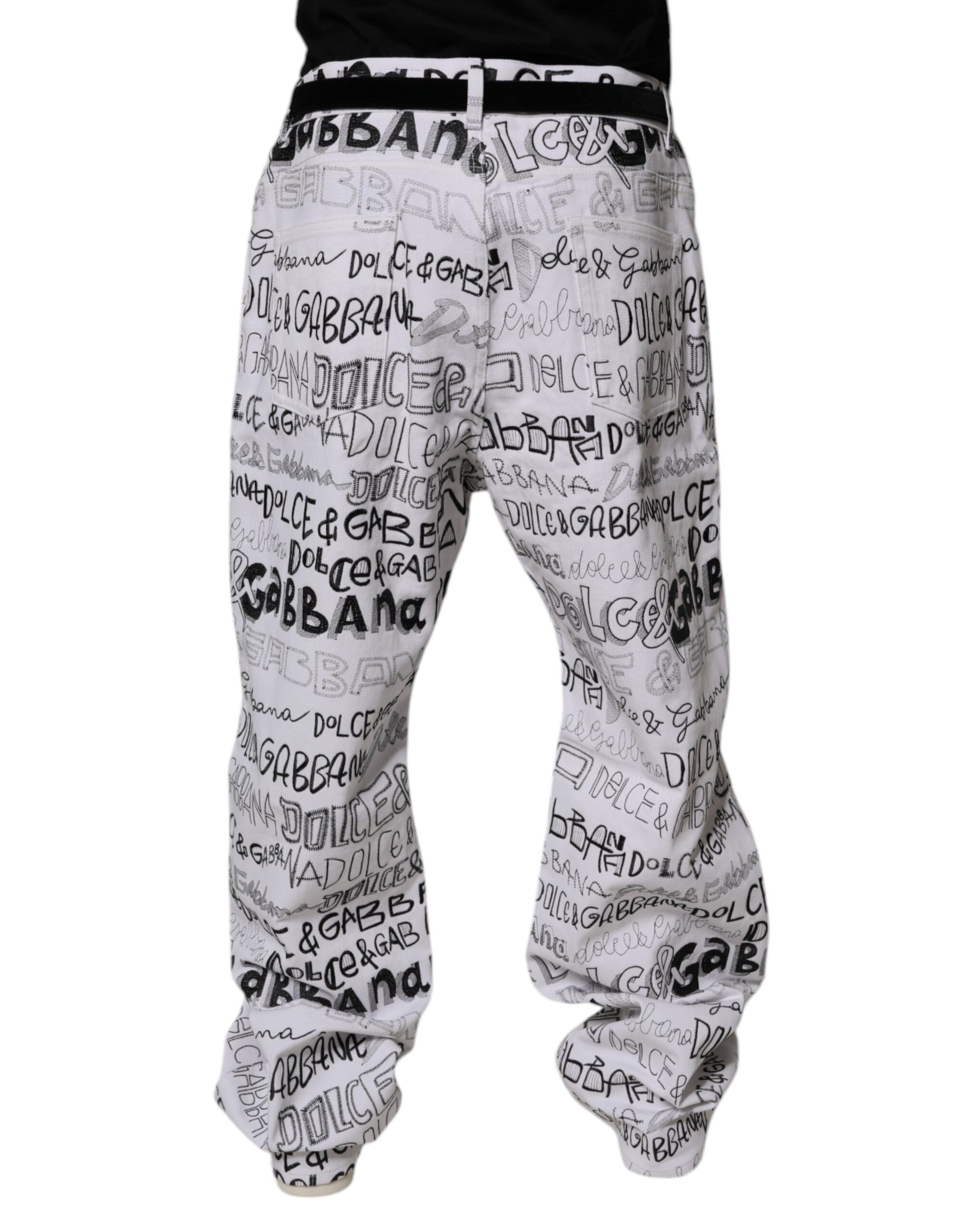 White Logo Print Straight Men Denim Jeans