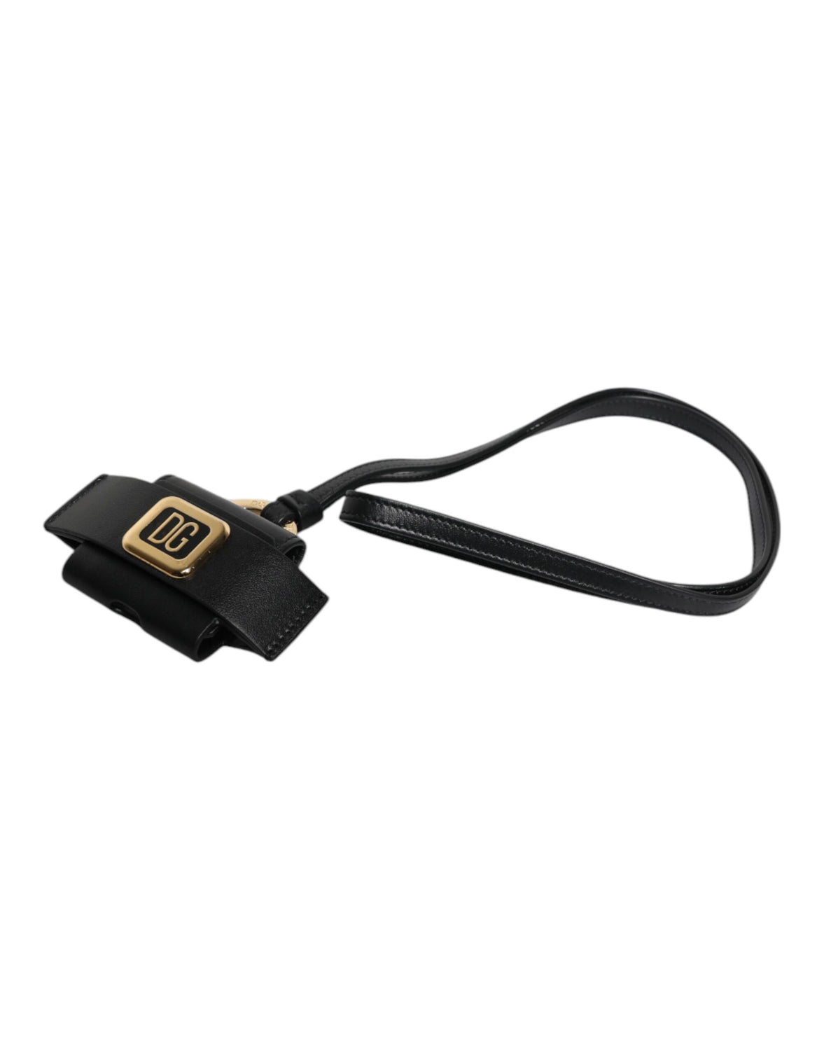 Black Leather Strap Gold Metal Logo Plaque Airpods Case
