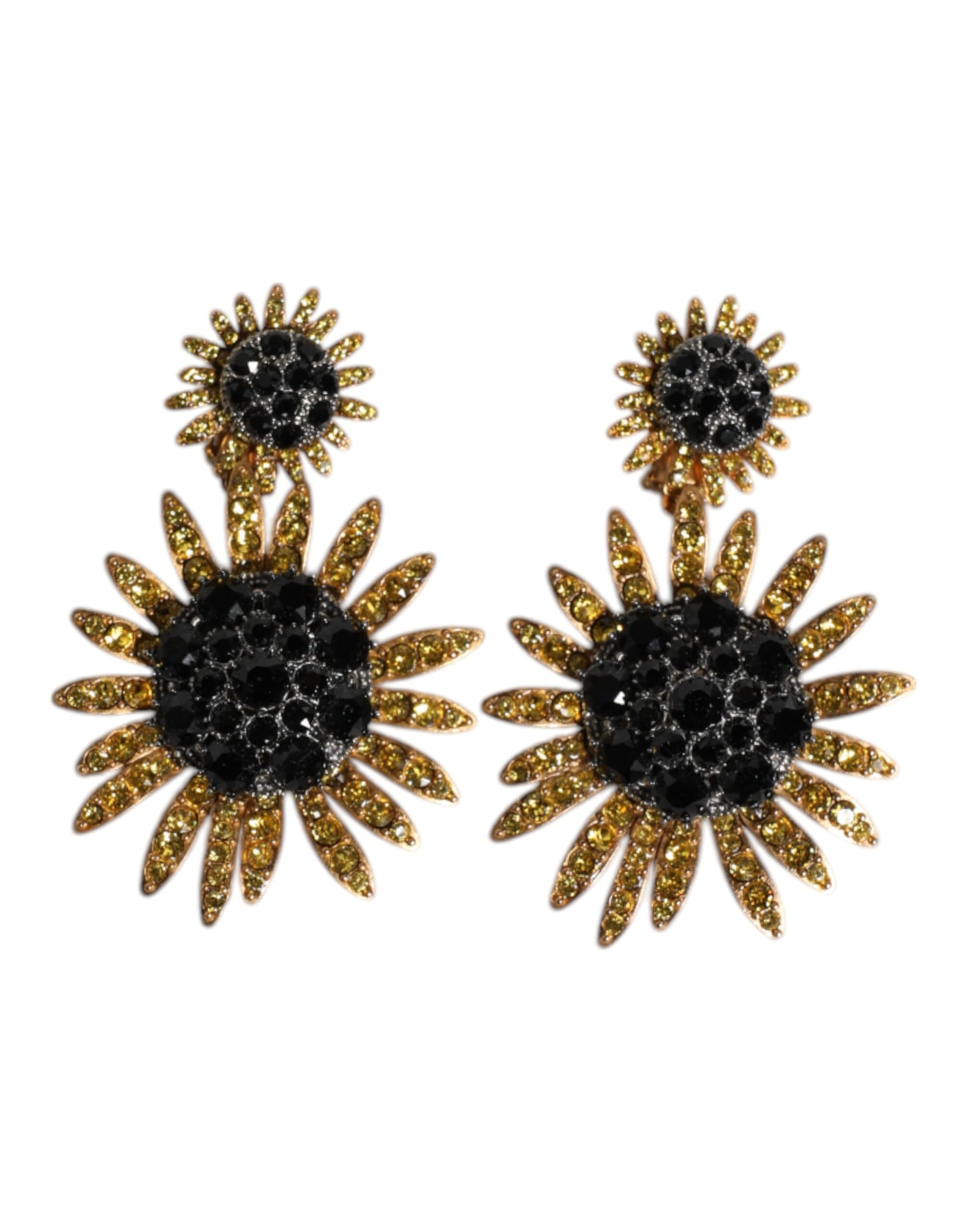 Gold Tone Brass Sunflower Crystal Clip Dangling Earrings