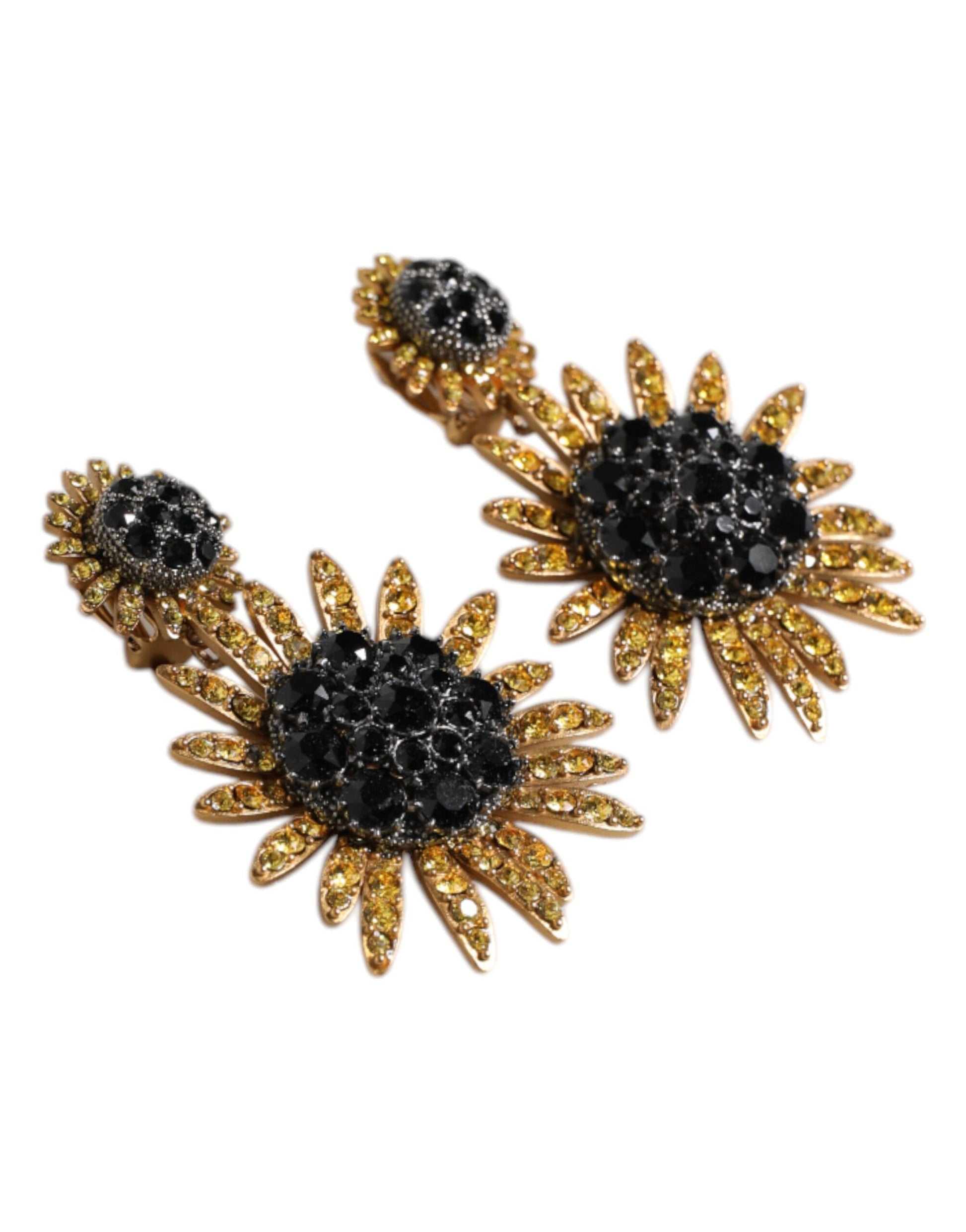 Gold Tone Brass Sunflower Crystal Clip Dangling Earrings