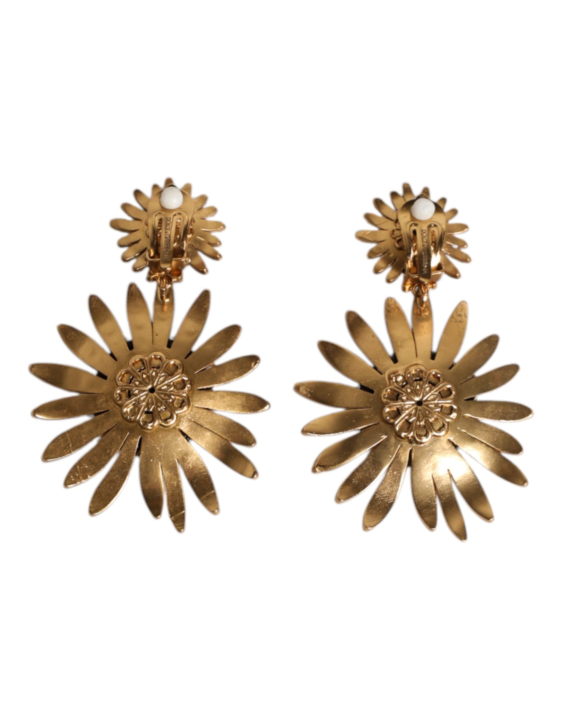 Gold Tone Brass Sunflower Crystal Clip Dangling Earrings