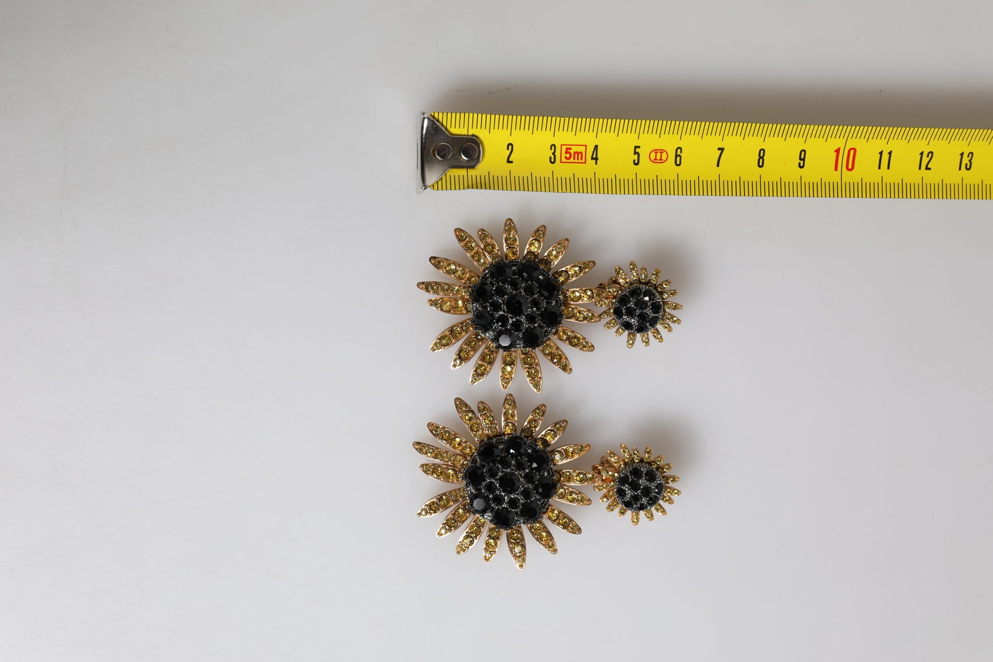 Gold Tone Brass Sunflower Crystal Clip Dangling Earrings