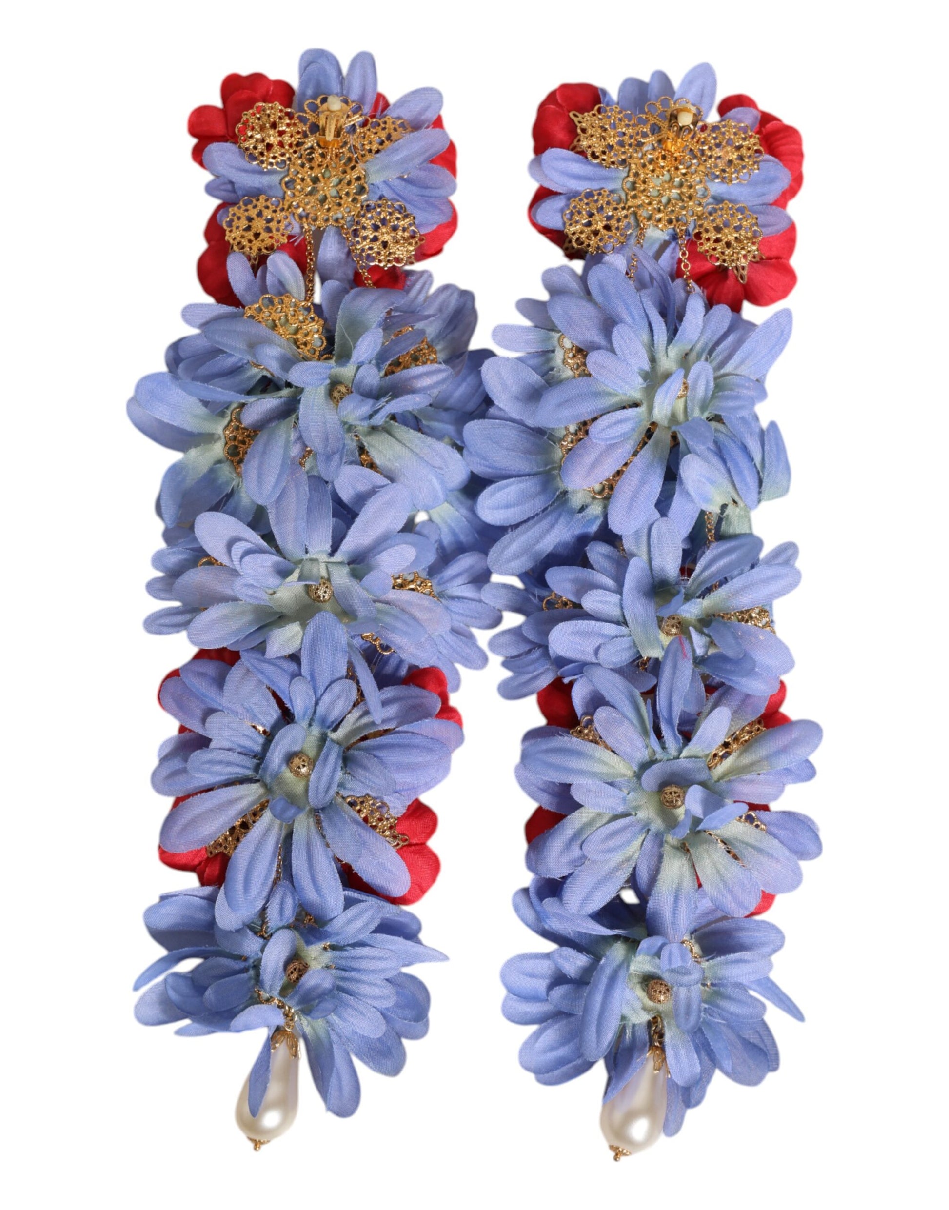 Gold Tone Brass Floral Crystal Clip On Dangling Earrings