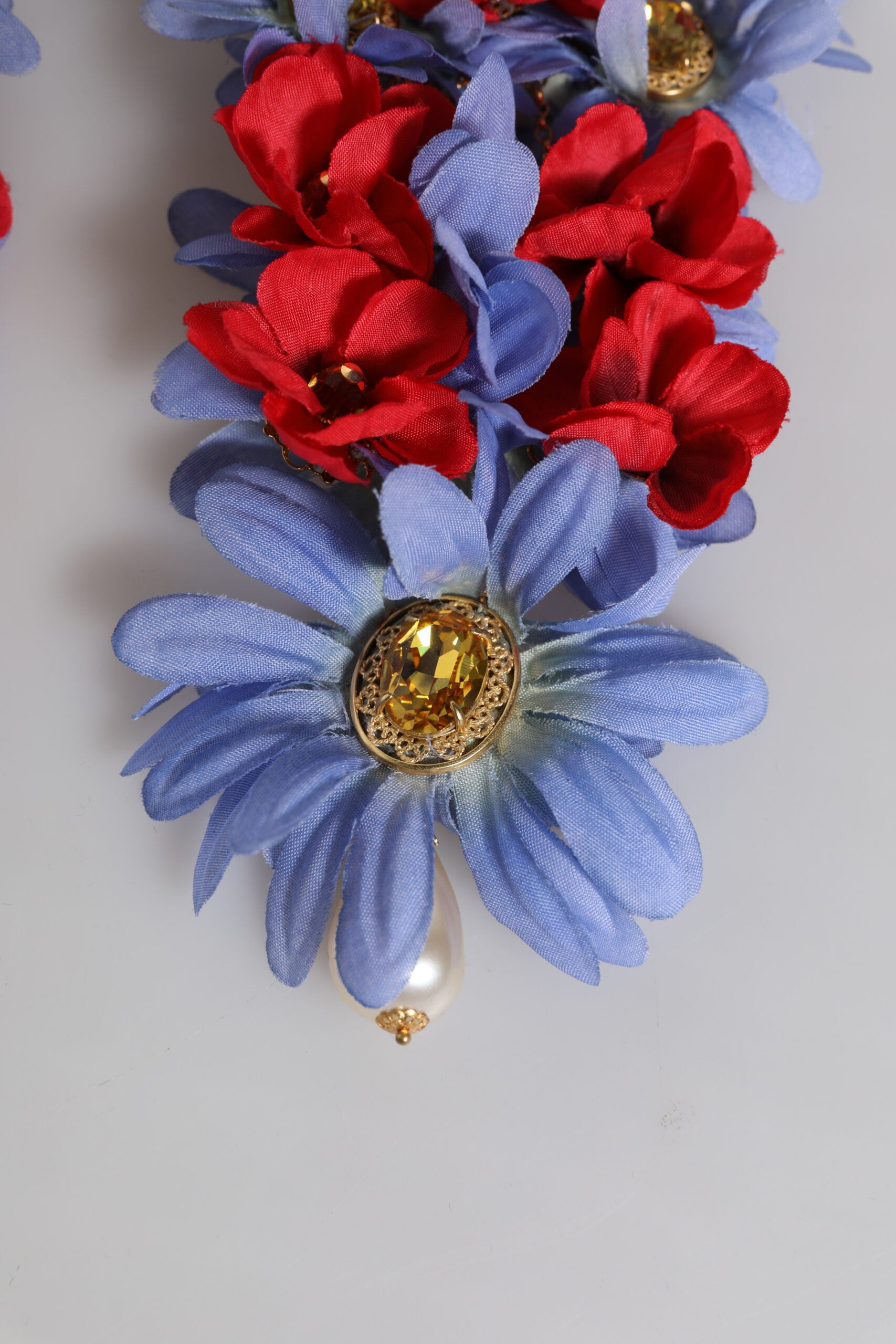 Gold Tone Brass Floral Crystal Clip On Dangling Earrings