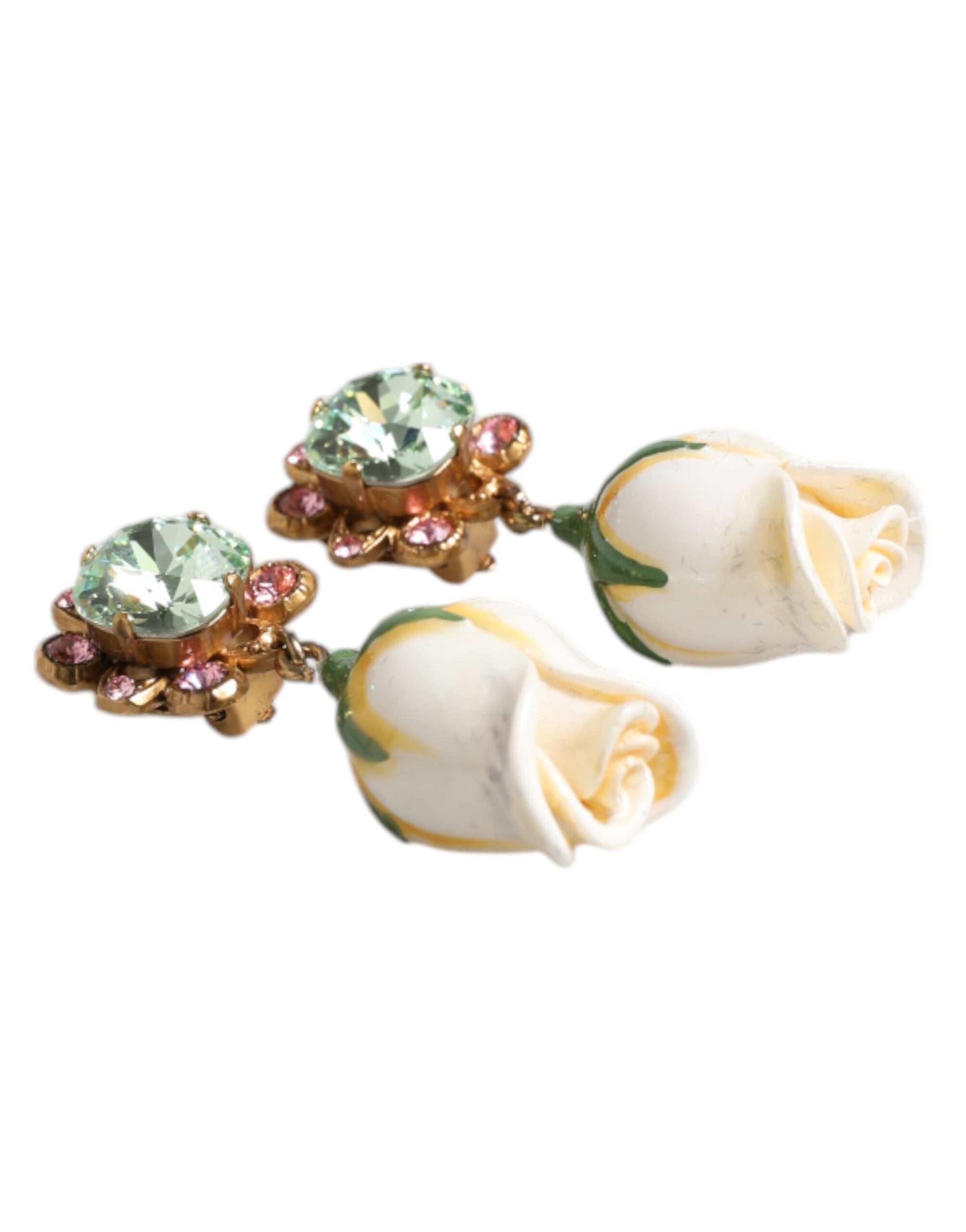 Brass White Flower Bloom Crystal Clip Dangling Earrings