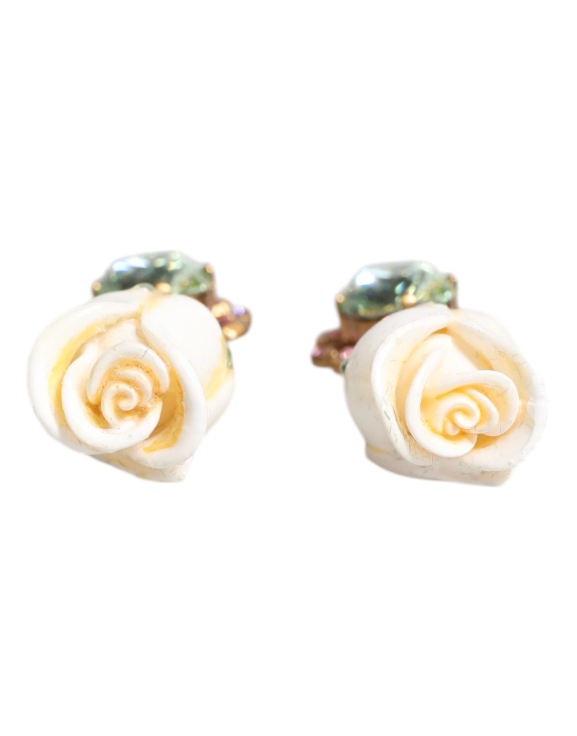 Brass White Flower Bloom Crystal Clip Dangling Earrings