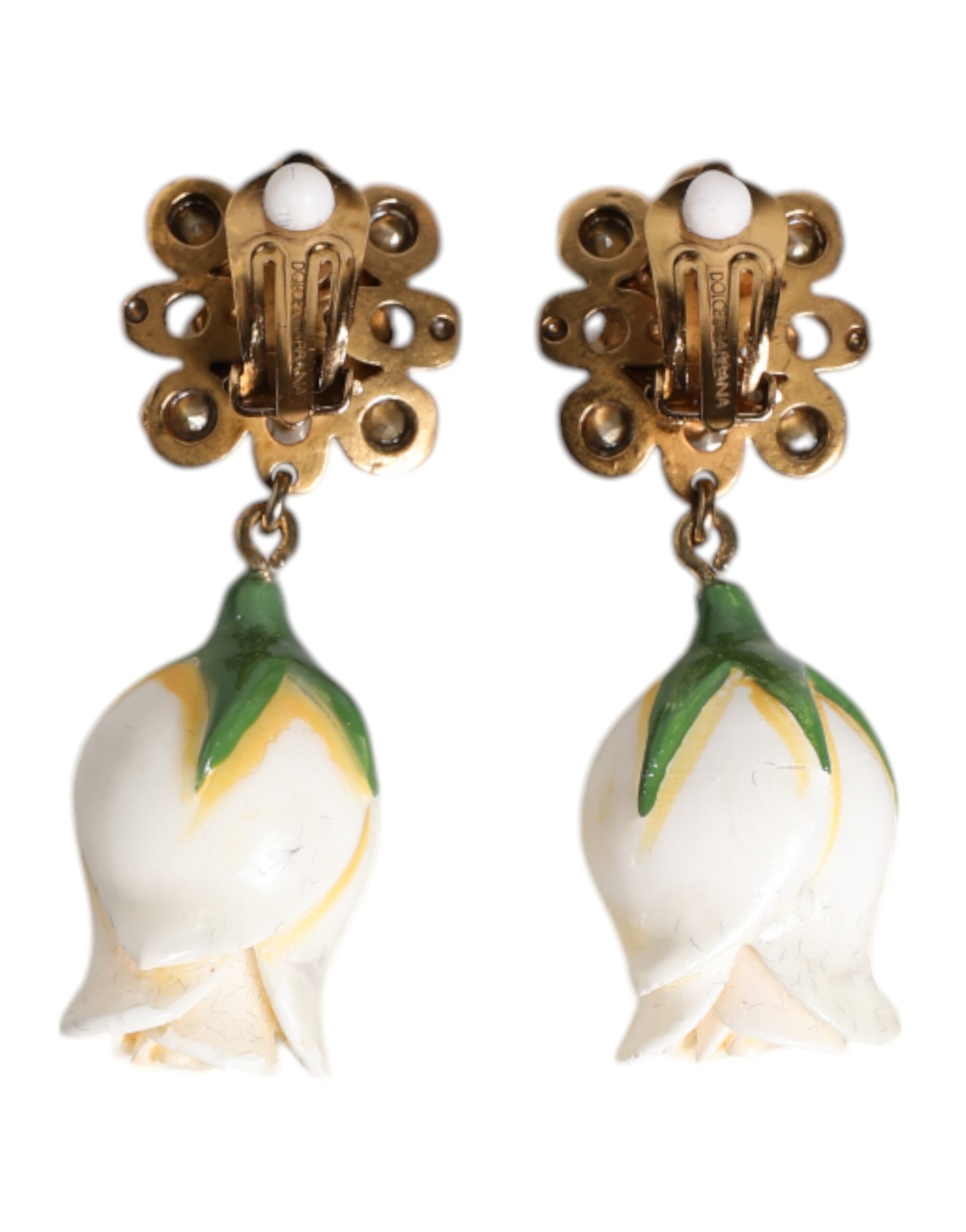 Brass White Flower Bloom Crystal Clip Dangling Earrings